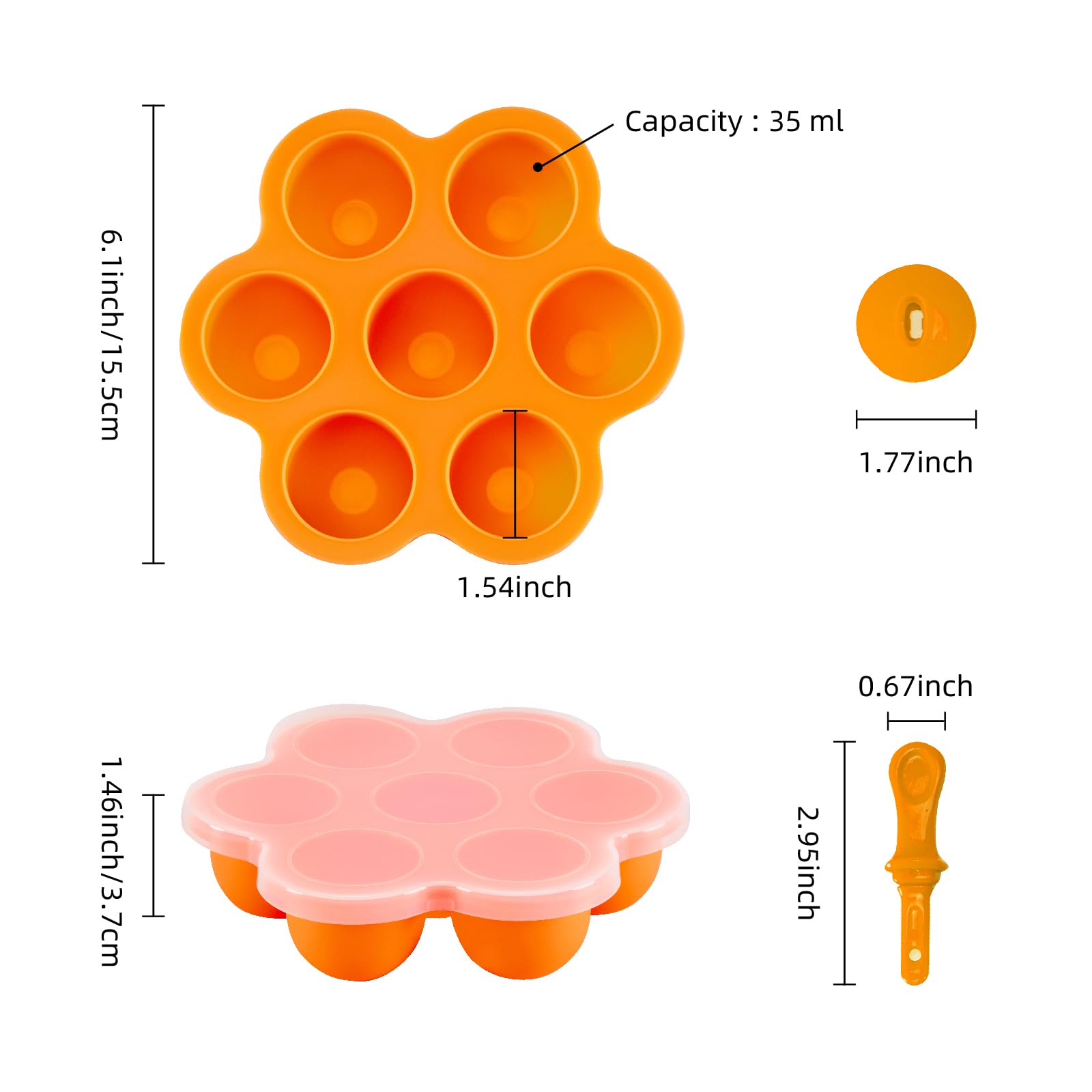 **7-Cavity Silicone Popsicle Molds with Lid - Non-Stick Ice Pop & Baby Food Storage Containers, Reusable Ice Cube Trays & Cake Molds (Orange) - Perfect for Homemade Treats, Kids Snacks & Party Desserts**