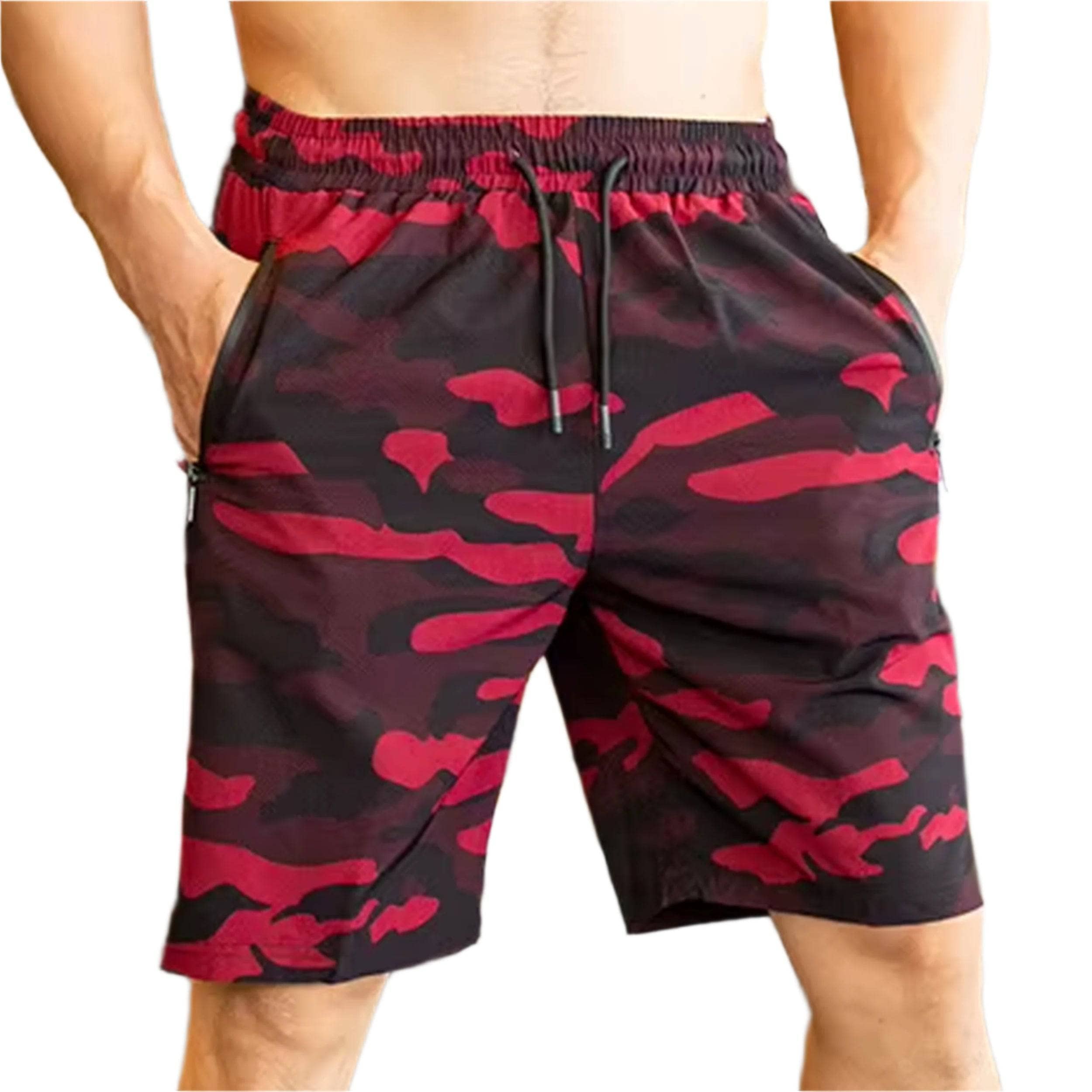 Red Summit Camouflage Drawstring Sweat Shorts for Men - Comfortable Casual Workout & Lounge Wear