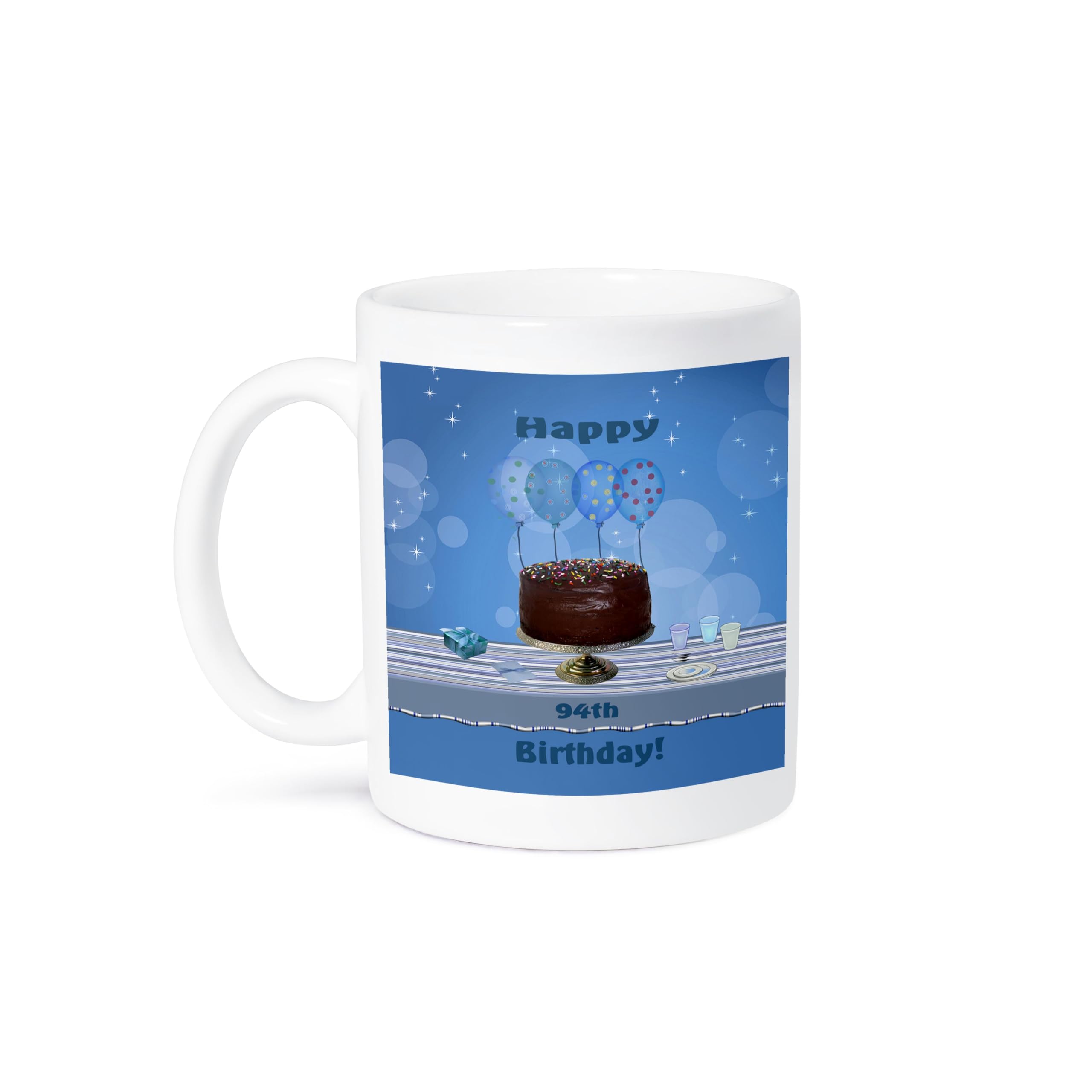3dRose 94th Birthday Ceramic Mug - 11oz Coffee Cup with Chocolate Cake & Blue Balloons Design | Perfect Gift for Milestone Birthdays, Retirement Celebrations & Senior Party Decorations
