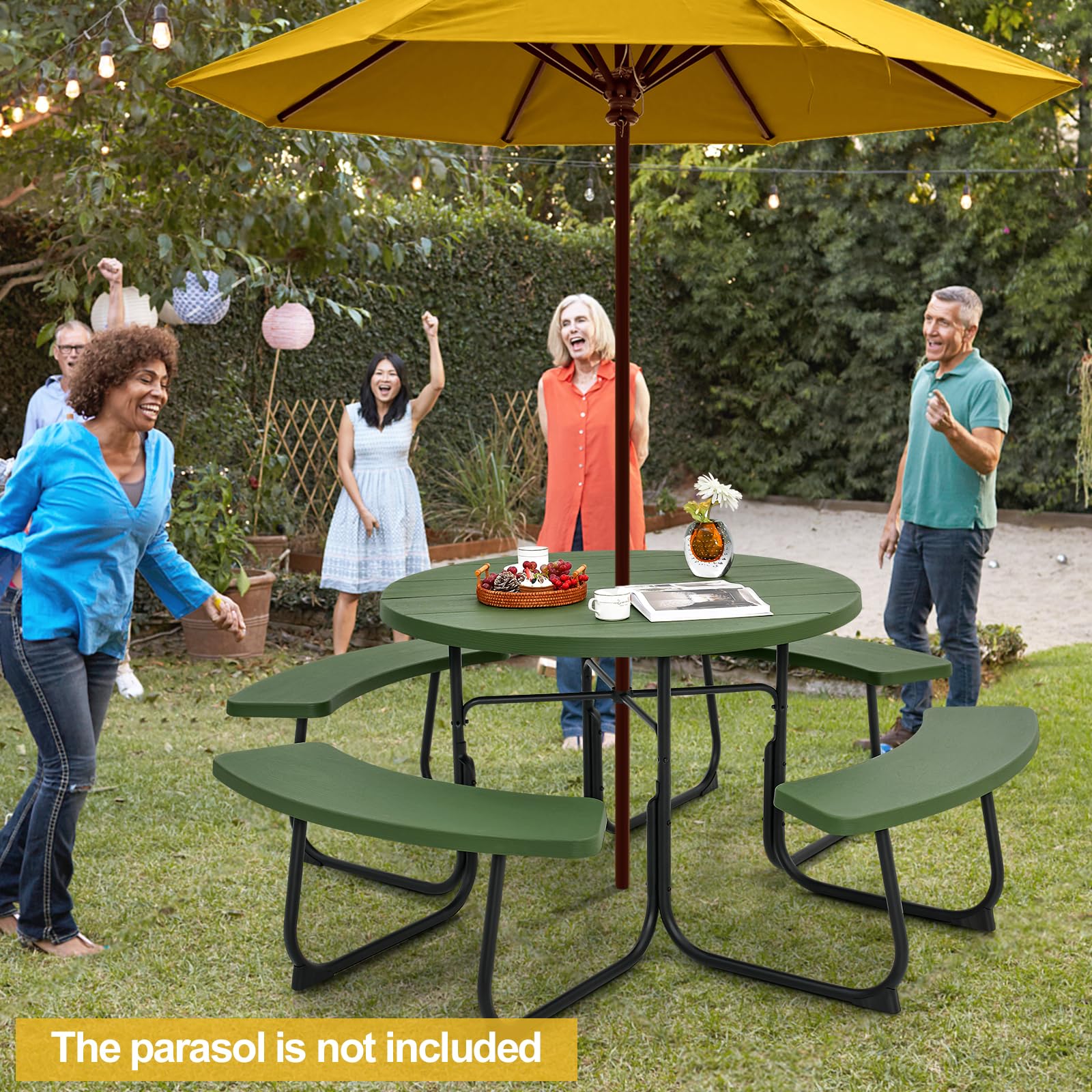 Tangkula 8-Person Outdoor Picnic Table Set with 4 Built-in Benches - Round Metal Frame & Durable HDPE Tabletop - Umbrella Hole Included - Perfect for Garden, Backyard, Patio, Park & Beach Gatherings (Green)