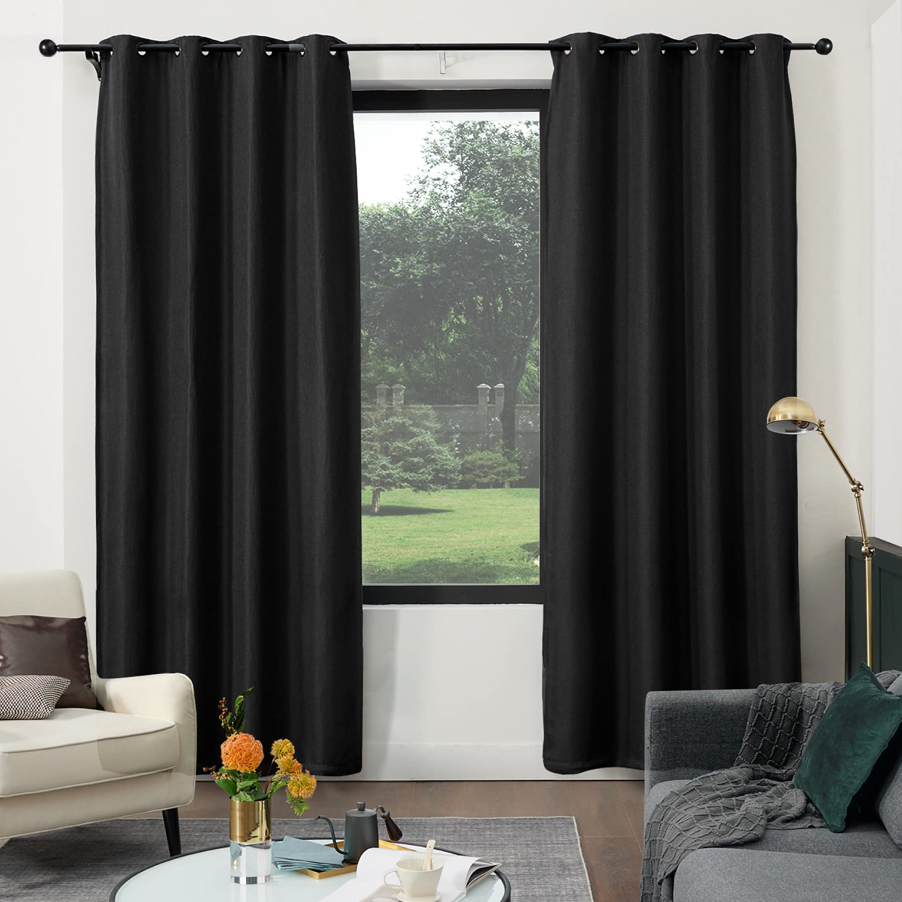 Bedsure 84 Inch Blackout Linen Curtains - 2 Panels Set, Textured Drapes for Living Room & Bedroom (52x84 Inch, Black) - Perfect for Light Blocking, Privacy & Home Decor