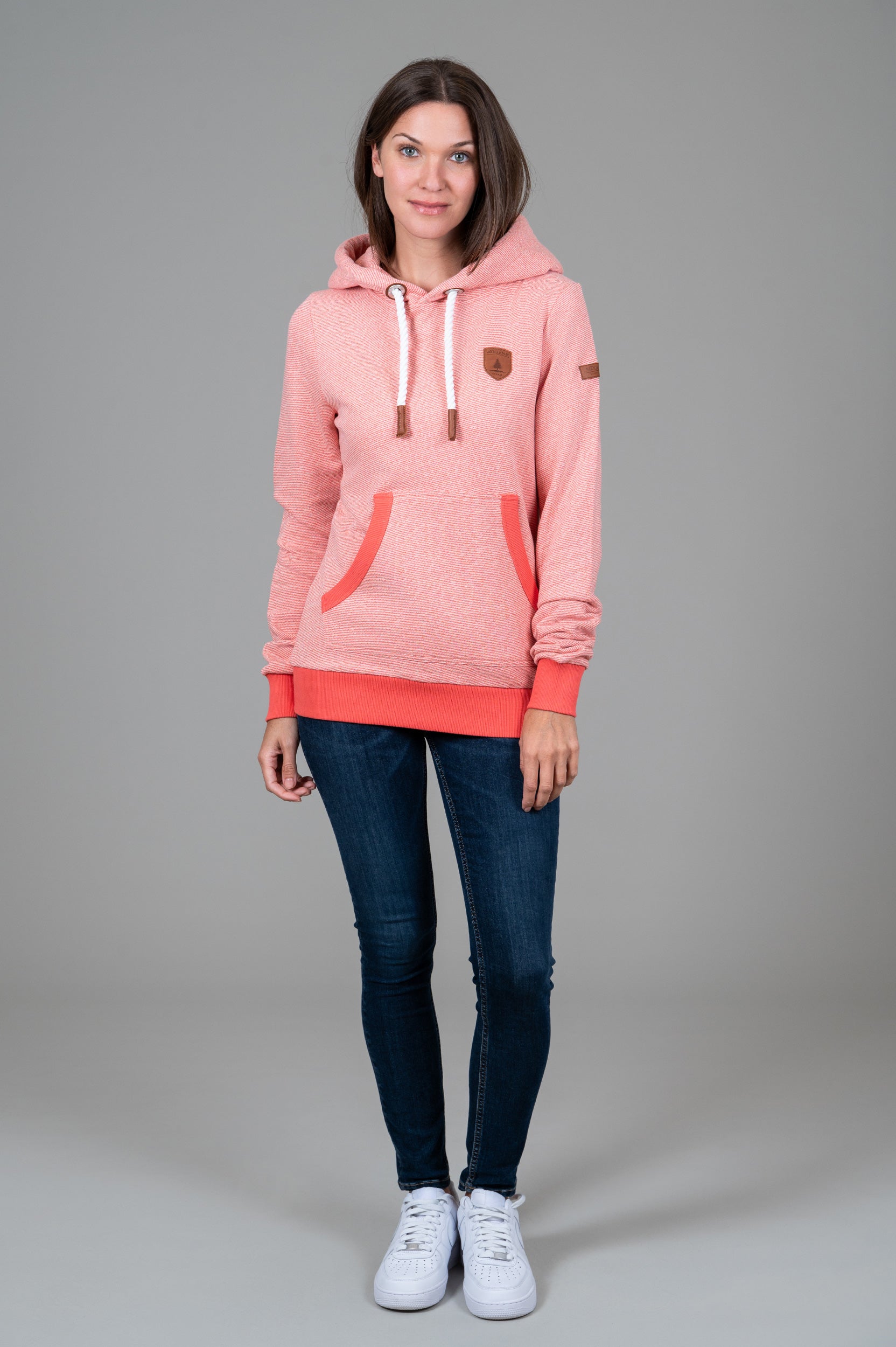 Corrie Coral Pink Microstripe Hoodie for Women - Soft Fleece Pullover with Kangaroo Pocket - Cozy Casual Loungewear for Fall & Winter