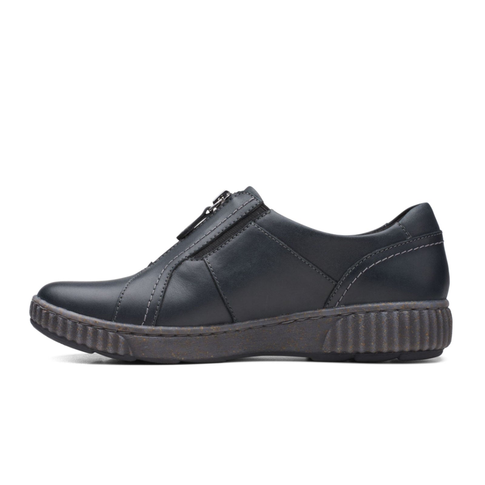 Clarks Magnolia Zip Slip On Women's Black Leather Loafers - Comfortable Casual Shoes for Work, Travel & Everyday Wear