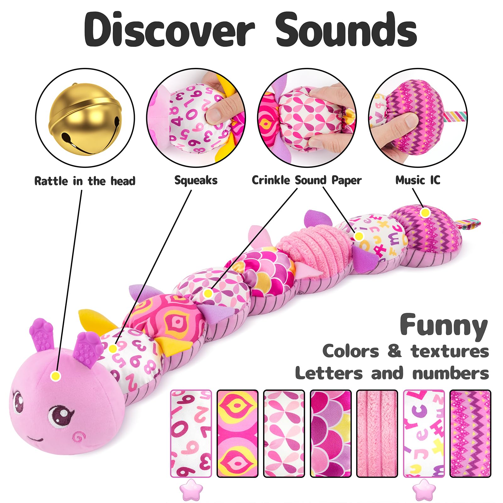 Soft Musical Stuffed Caterpillar Toy for Babies 0-12 Months - Multi-Sensory Developmental Activity Toy with Crinkle, Rattle & Textures (Purple) - Perfect for Tummy Time, Sensory Play & Early Learning