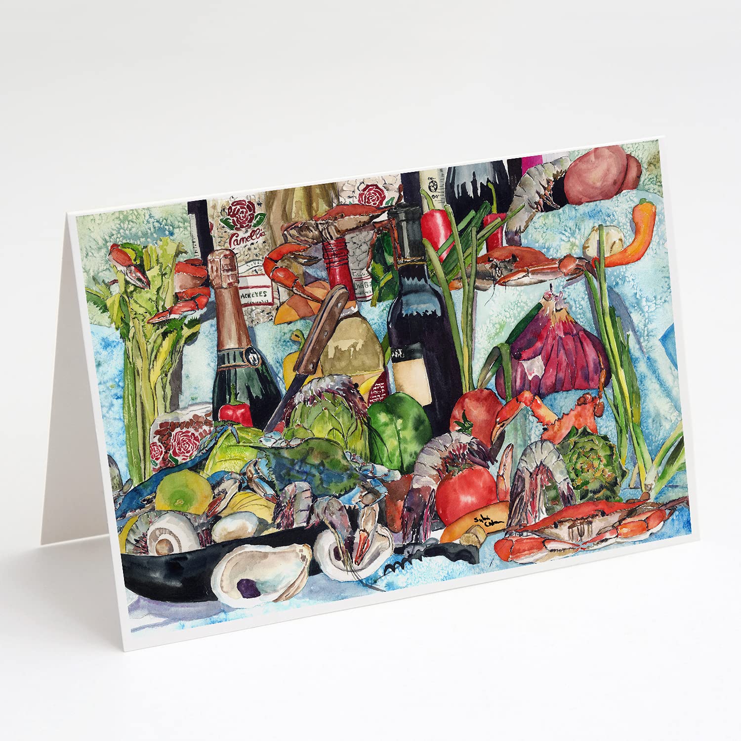 Caroline's Treasures 8915GCA7P Whimsical Wine Crab Shrimp Oysters Blank Greeting Cards - Pack of 8 A7 Size (5x7) Note Cards with Envelopes | Perfect for Seafood Lovers, Dinner Party Invitations & Coastal Themed Correspondence