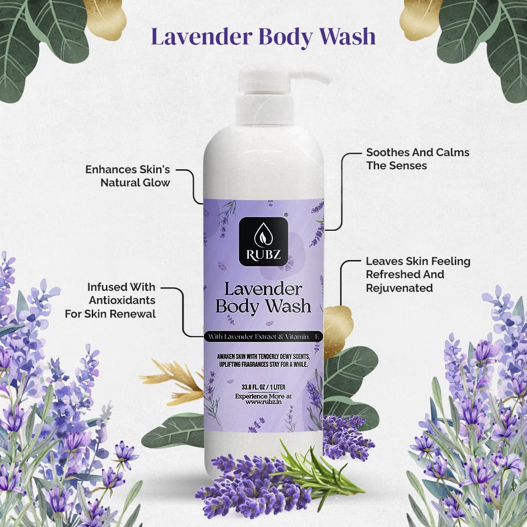 Rubz Lavender Body Wash - Glycerin Enriched, Long-Lasting Fragrance | Soap-Free, Paraben-Free & SLS-Free Shower Gel for Women & Men (1L) | Perfect for Relaxing Baths & Sensitive Skin Care