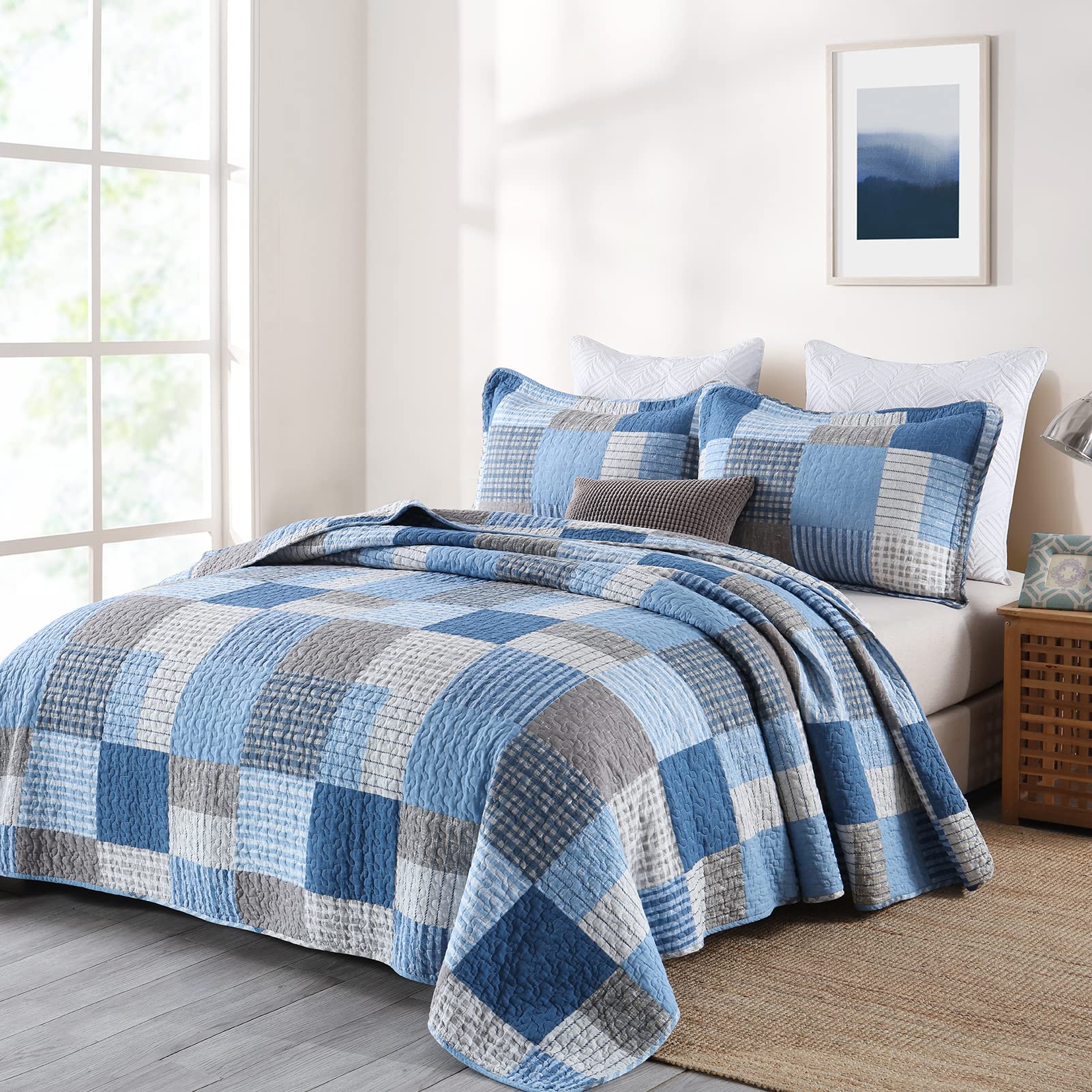 Y-PLWOMEN 100% Cotton Plaid King Size Quilt Set - Farmhouse Style Lightweight Breathable Bedspread with 2 Pillow Shams, Blue Navy, 98x106 Inch | Perfect for Cozy Bedroom Decor, Guest Room & Seasonal Home Styling