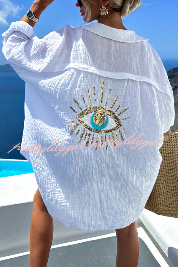 Summer Breeze Linen Blend Sequin Magic Eye Design Oversized Relax Shirt for Women | Boho Chic Beach Cover Up | Casual Loose Fit Blouse for Vacation, Party & Date Night
