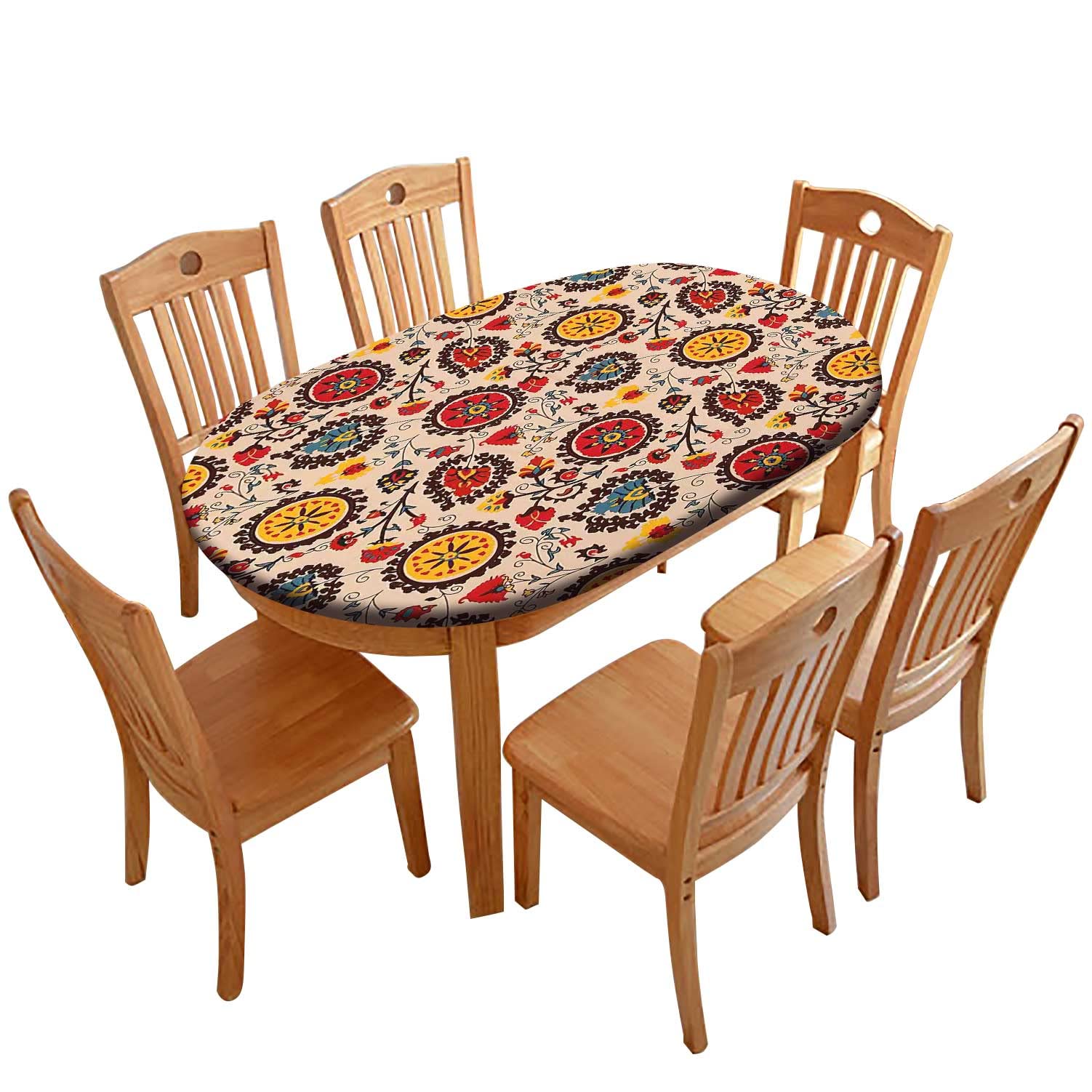 Boho Sunflower Oval Fitted Tablecloth - Waterproof Wrinkle-Resistant Elastic Edge Table Cover for 48