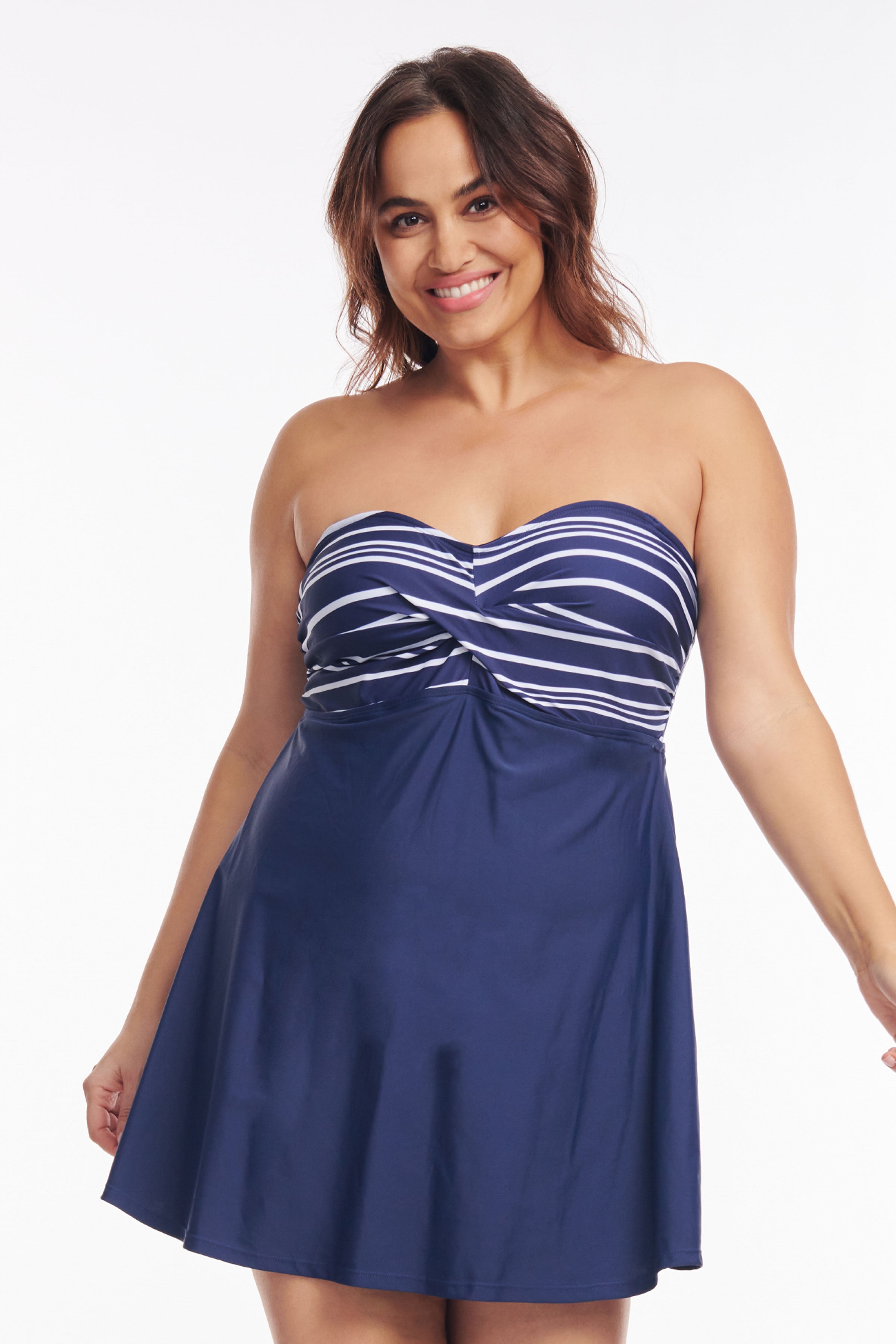 Plus Size One Piece Swimdress with Twist Front Design - A-Line Electric Stripe Swimsuit for Women, Perfect for Beach Vacation & Pool Party