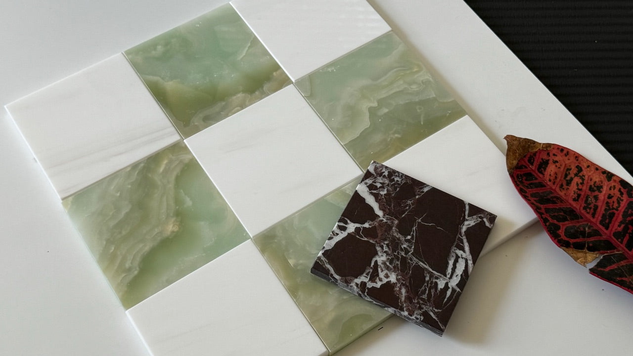 Premium Green Onyx & Bianco Dolomite Checkerboard Tiles - Polished or Honed Finish for Kitchen Backsplash, Bathroom Wall, and Flooring Design