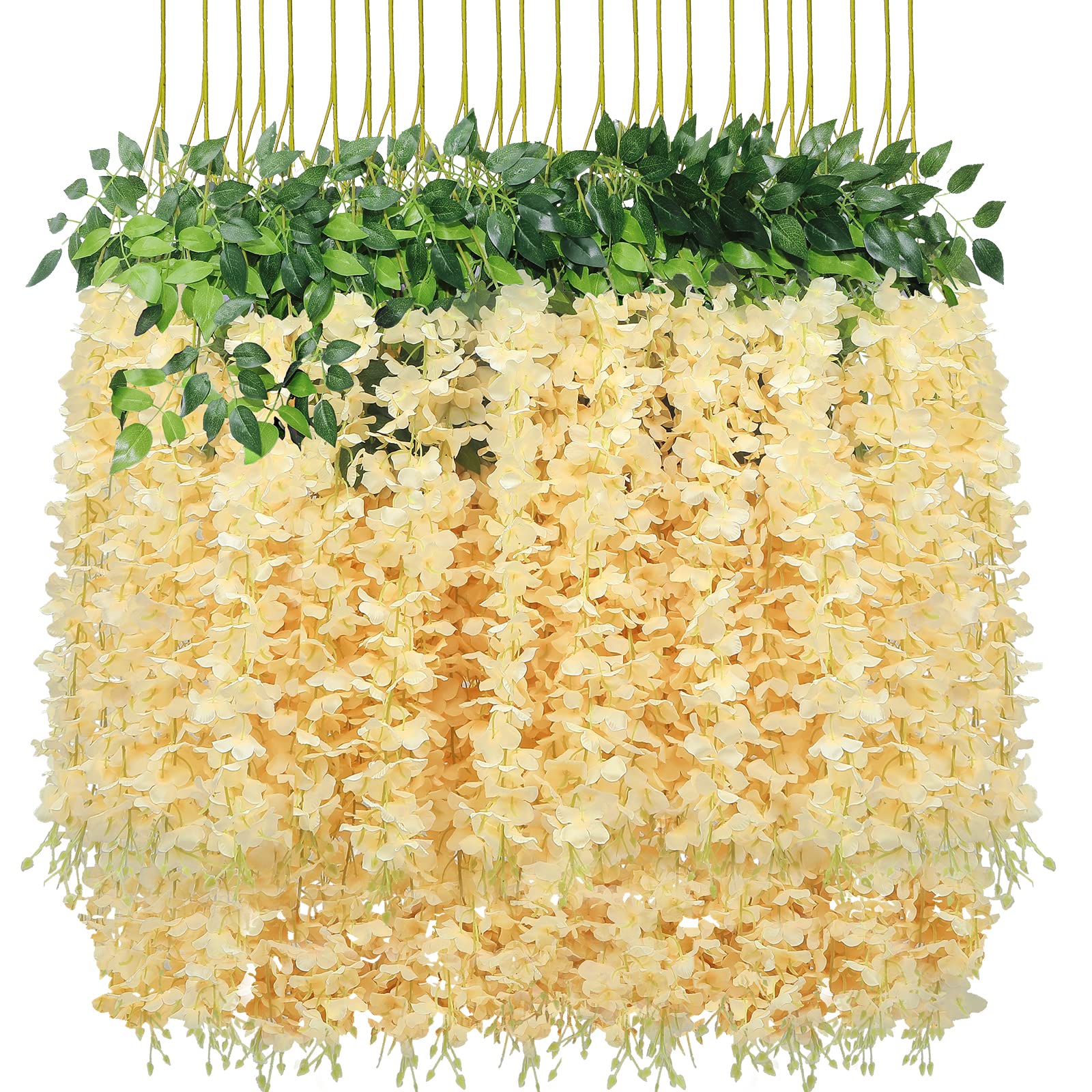 24 Pack Artificial Wisteria Flowers - Silk Wedding Vine Garland Hanging Decor, Champagne Ratta Fake Wisteria Vine for Wedding Centerpieces, Party Decorations, Home Garden & Outdoor Decoration