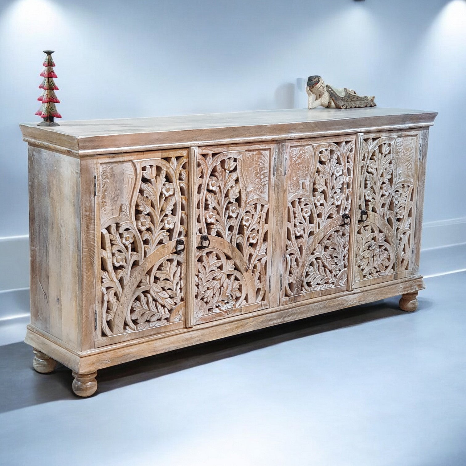 Handmade Carved Indian Mango Wood 4-Door Sideboard Cabinet - White Finish (180x40x90 cm) - Perfect for Dining Room Storage, Living Room Decor & Entryway Organization