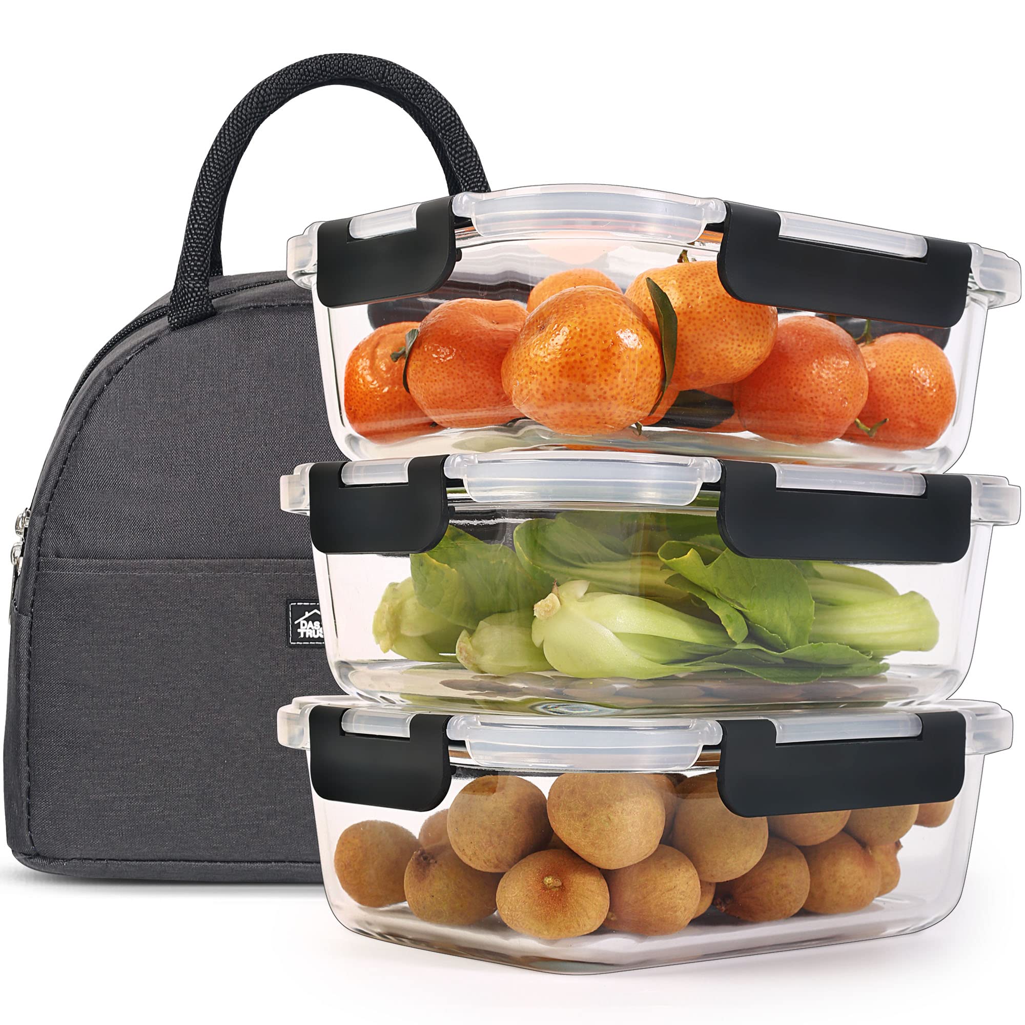 DAS TRUST 3-Pack Glass Food Storage Containers with Airtight Lids - BPA-Free Meal Prep Containers for Fridge Organization, Lunch Box for Adults, Pizza & Salad Storage | Perfect for Meal Prepping, Leftovers & Office Lunch