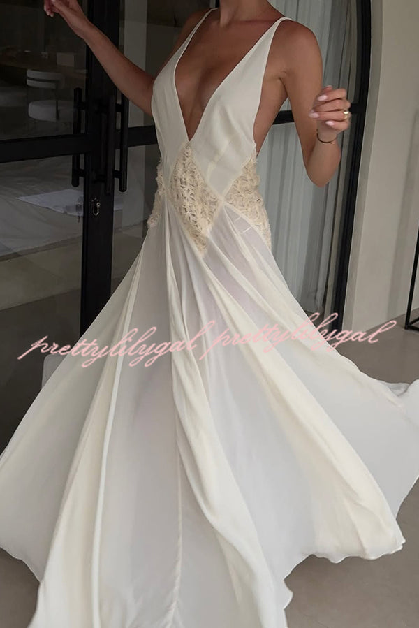Venus By The Sea Tulle Lace Patchwork Backless Flowy Maxi Dress for Women - Elegant Beach Wedding Guest Dress & Summer Party Gown