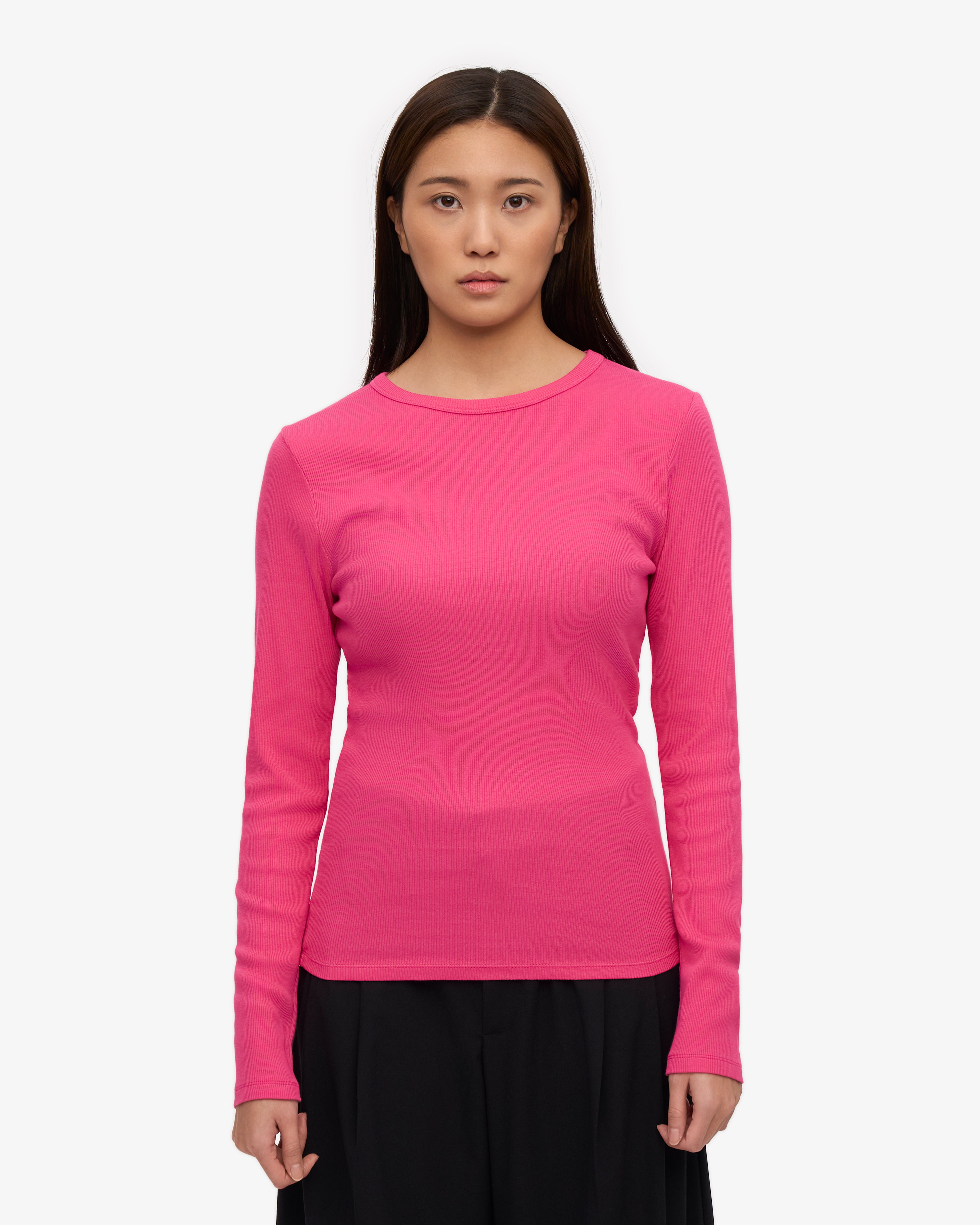 Organic Women's Long Sleeve Ribbed T-Shirt - Bubblegum Pink | Soft Cotton Comfort Fit for Casual Wear & Layering