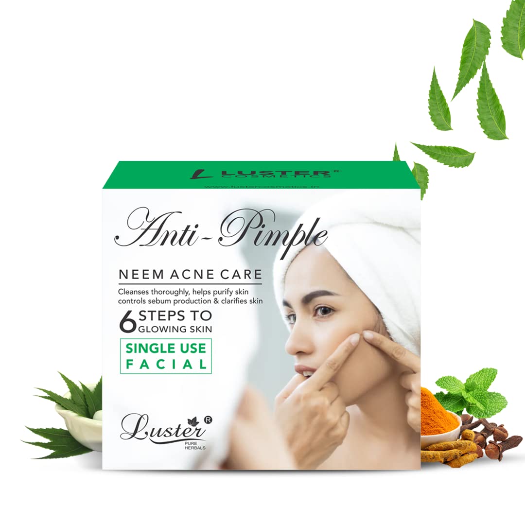 Luster Anti-Pimple Facial Kit - 6 Step Acne Treatment for Clear & Glowing Skin | Single Use Mini Facial Kit for Women & Men | Paraben & Sulfate Free (40g) | Perfect for Travel, Daily Skincare Routine & On-the-Go Pimple Care
