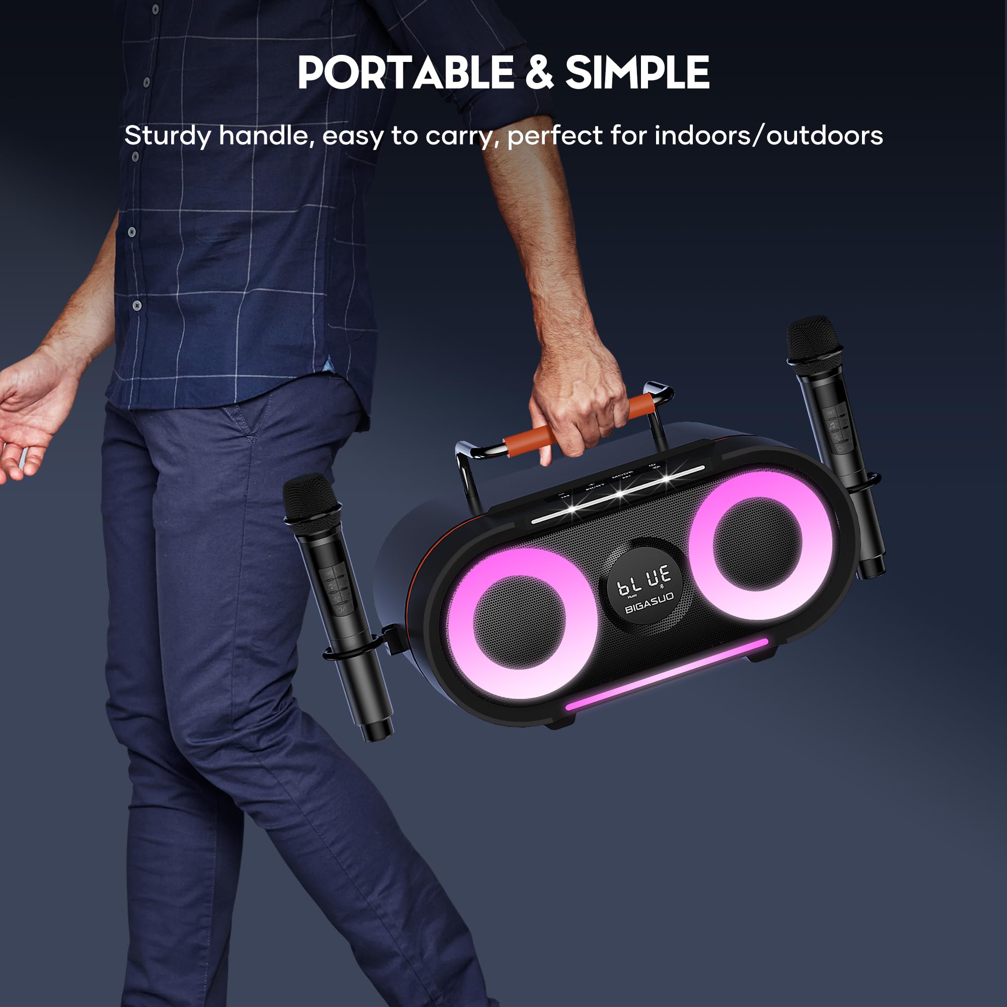 BIGASUO Portable Bluetooth Karaoke Machine with Deep Bass & Flashing Lights - Wireless PA Speaker System with 2 UHF Microphones for Home, Party, Wedding & Outdoor Singing | Perfect for Family Gatherings, Birthday Celebrations and Camping Entertainment
