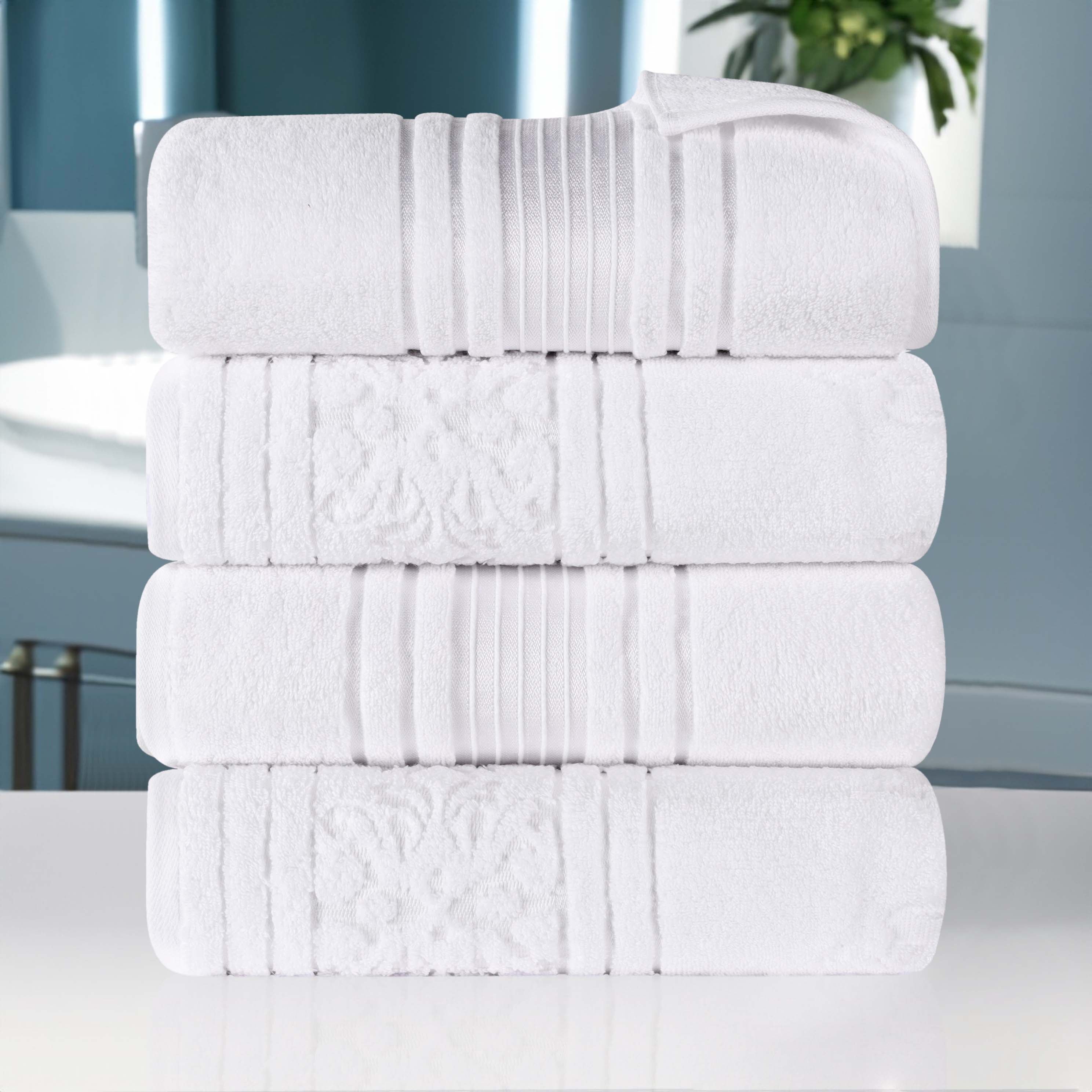 Premium 100% Zero Twist Cotton Bath Towel Set of 4 - Ultra Soft & Absorbent Solid & Jacquard Floral Design - Perfect for Spa, Bathroom & Luxury Home Decor
