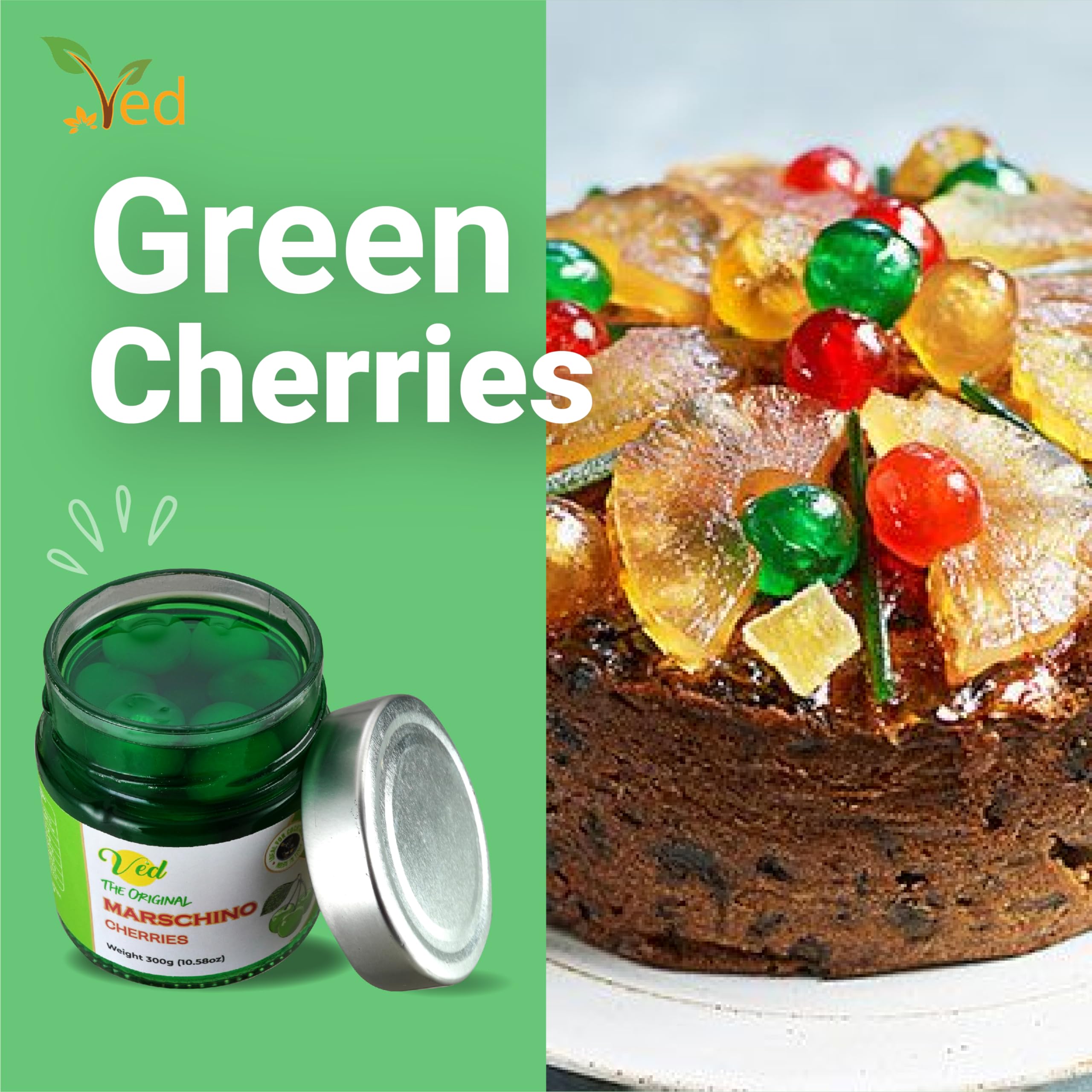 Premium Italian Green Maraschino Cherries in Natural Syrup - Vegan Cocktail Garnish for Old Fashioned, Bourbon & Whiskey Drinks - Gourmet Cherries for Baking, Desserts & Cocktail Decorations - 300g Glass Jar
