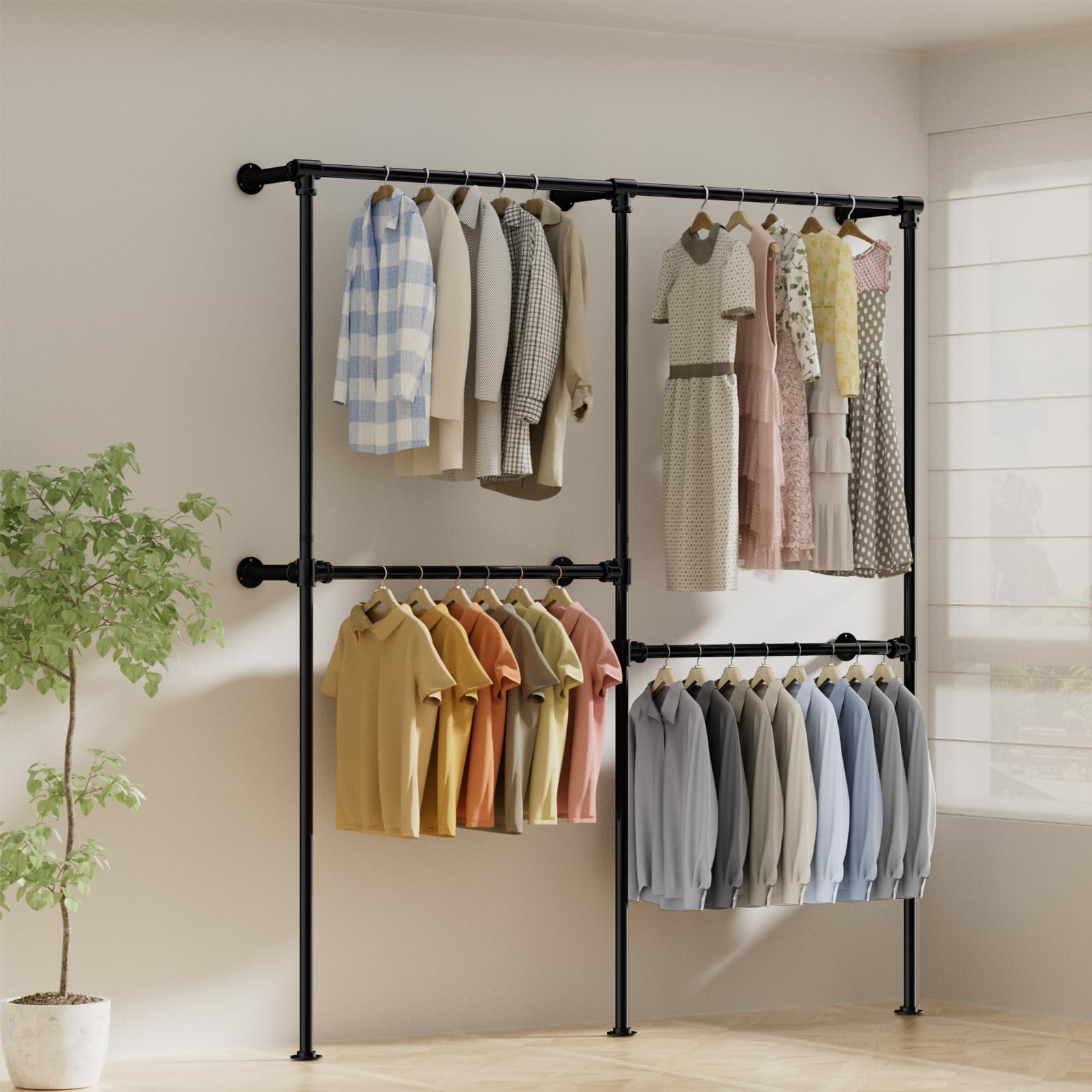 ROOMTEC Heavy-Duty Industrial Pipe Clothing Rack - Wall Mounted Garment Rack with Black Hanging Rod for Retail Display, Closet Storage & Laundry Room Organization | Perfect for Boutiques, Warehouses & Home Closets