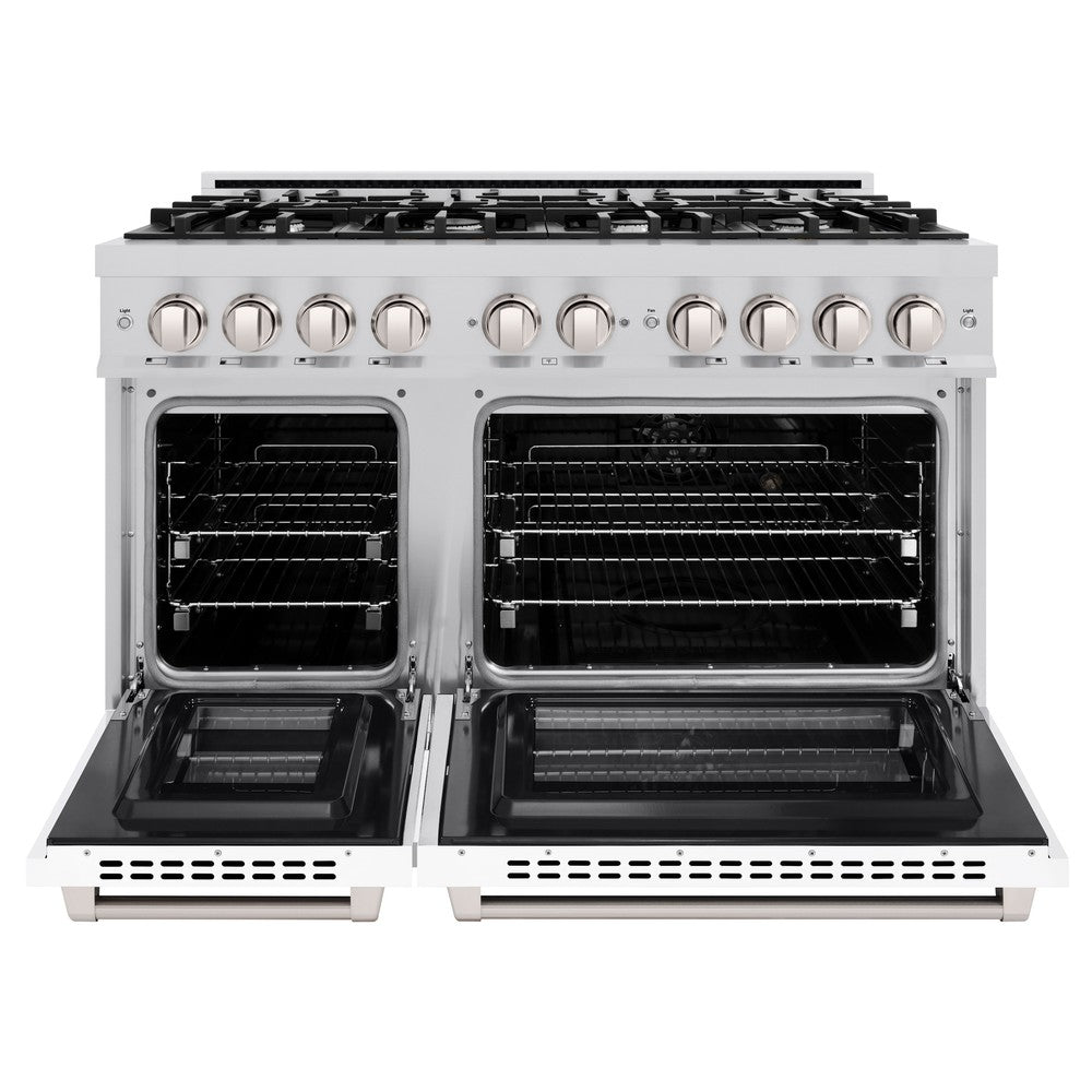 ZLINE 48-Inch Stainless Steel Dual Fuel Range with 8-Burner Gas Cooktop & 6.7 cu. ft. Double Oven - White Matte Doors (HDR WM 48) | Professional Kitchen Appliance for Home Chefs & Entertaining