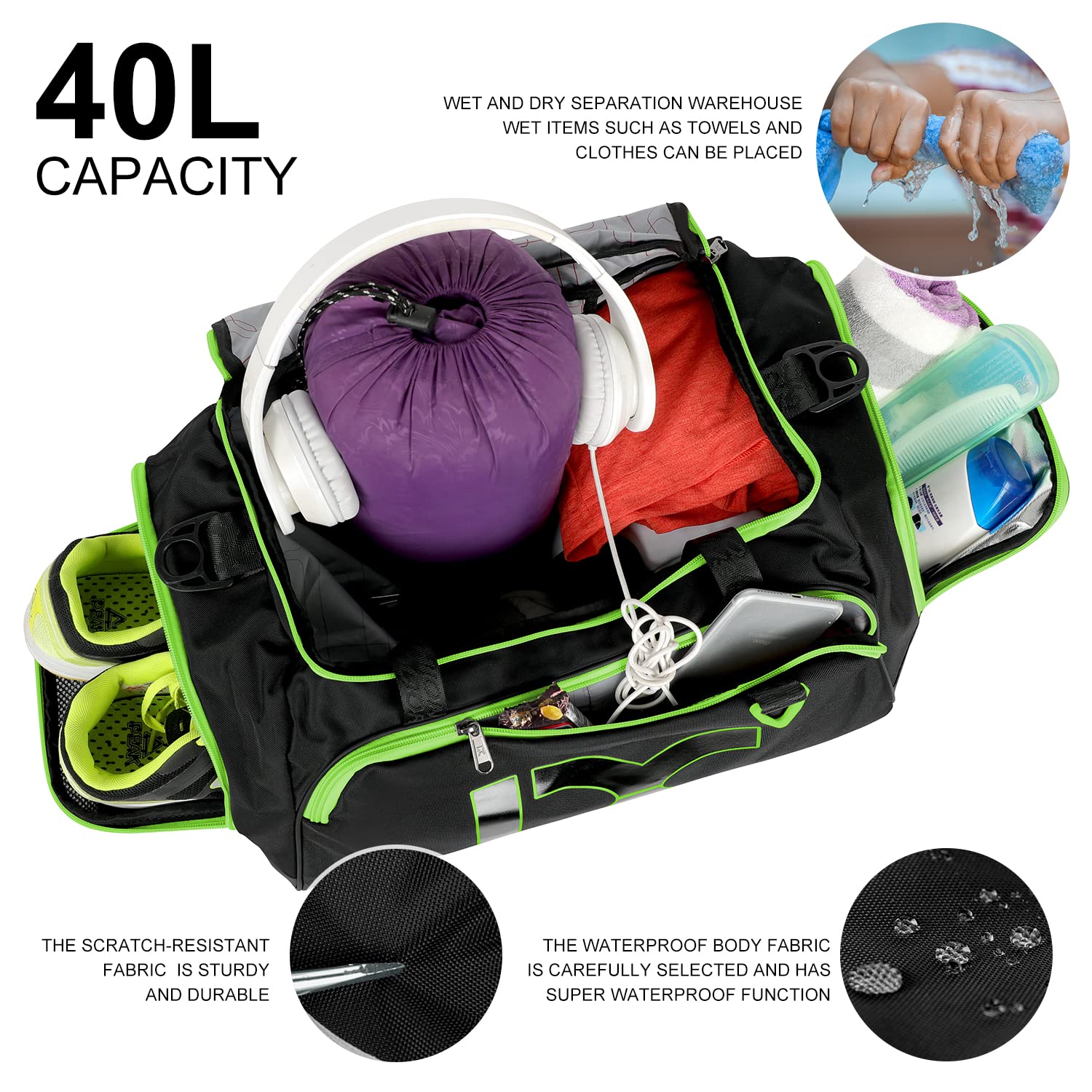 INOXTO 40L/55L Waterproof Gym Duffel Bag for Men & Women - Sports Travel Backpack with Wet/Dry Pocket & Shoe Compartment - Ideal for Fitness, Swimming, Workout & Weekend Trips (Black Green, 40L)