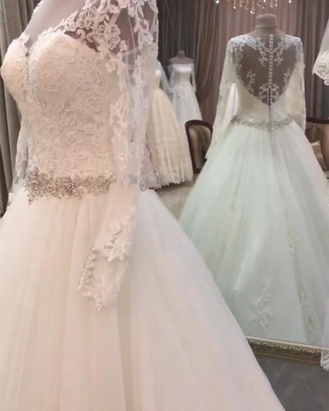 Elegant A-Line Crystal Beaded Sash Lace Applique Long Sleeve Tulle Wedding Dress for Brides - Perfect for Church Ceremonies, Garden Weddings & Formal Receptions