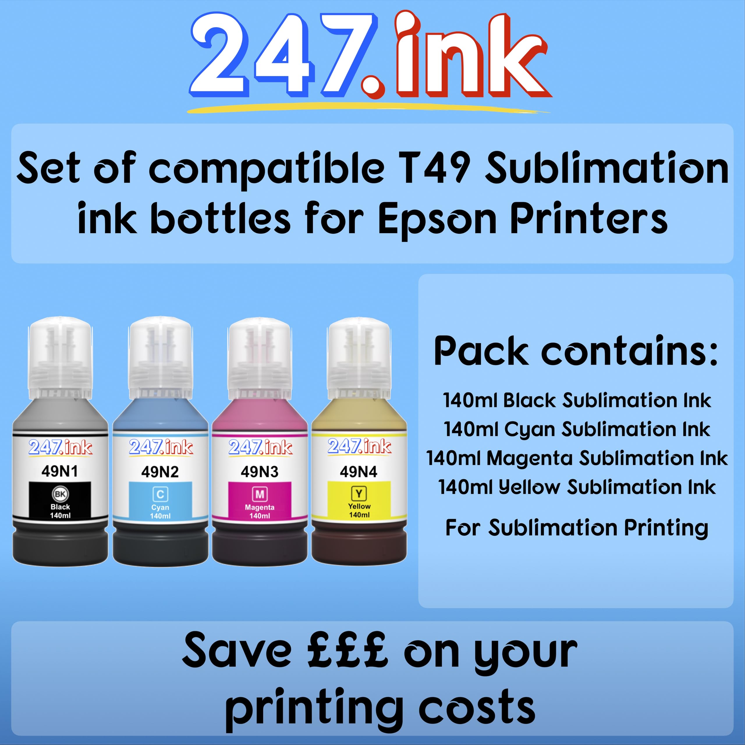 Epson SC-F100 SC-F500 SC-F501 Sublimation Ink Bottles Set - 4 Colors (Black, Cyan, Magenta, Yellow) | 247.ink High-Quality Compatible Ink for T-Shirt, Mug & Textile Printing | Perfect for DIY Craft & Small Business Sublimation Projects
