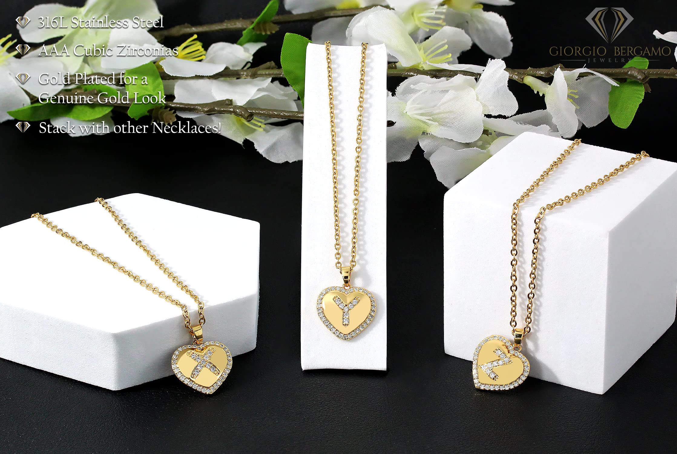 Giorgio Bergamo Stainless Steel Yellow Gold Plated Micro Pave Heart Initial Pendant Necklace - Personalized A to Z Letter Alphabet Charm for Women, Gift for Her, Valentine's Day, Anniversary, Birthday Jewelry