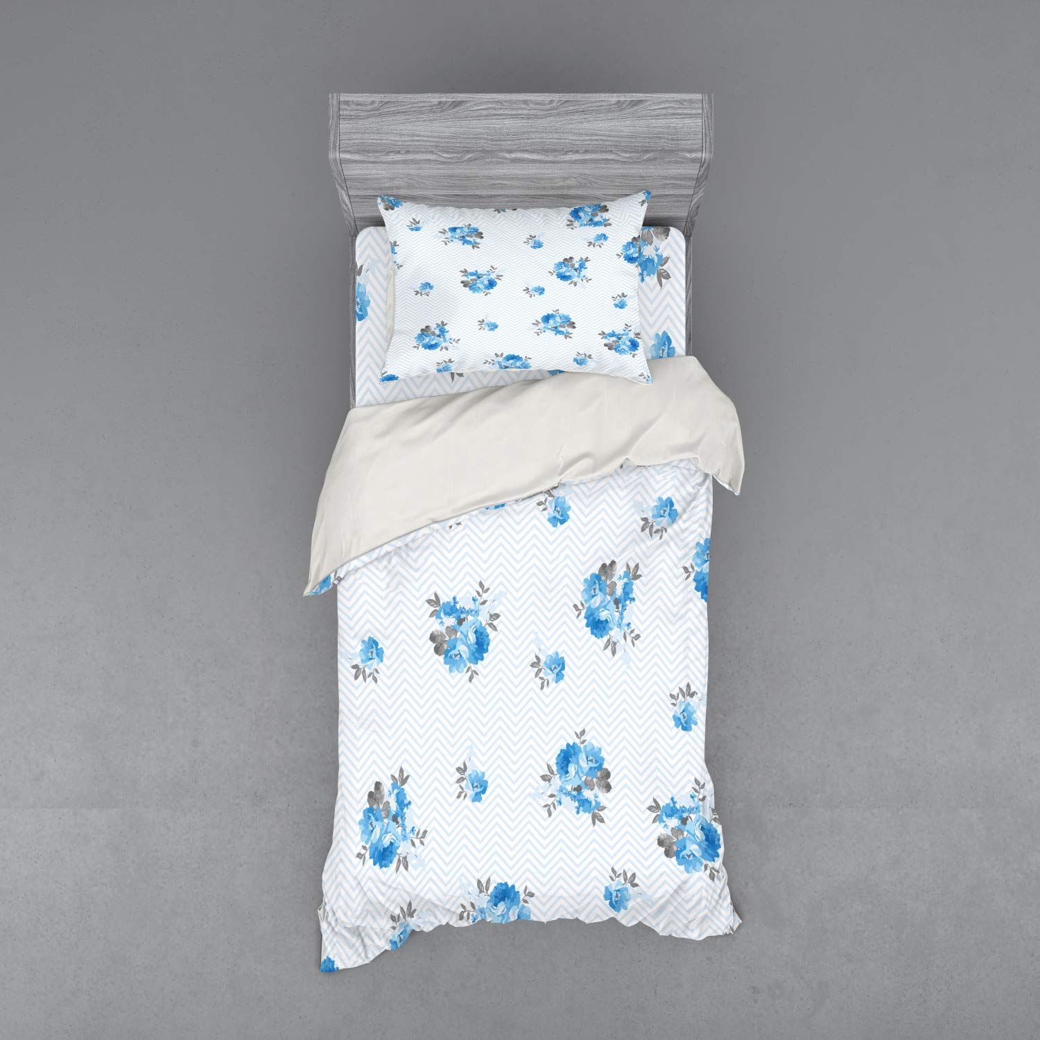 Ambesonne Blue Rose Duvet Cover Set - 3 Piece Twin Size Floral Bedding with Sham & Fitted Sheet, Romantic Spring Design in Blue & Grey - Perfect for Master Bedroom, Guest Room & Spring Home Decor