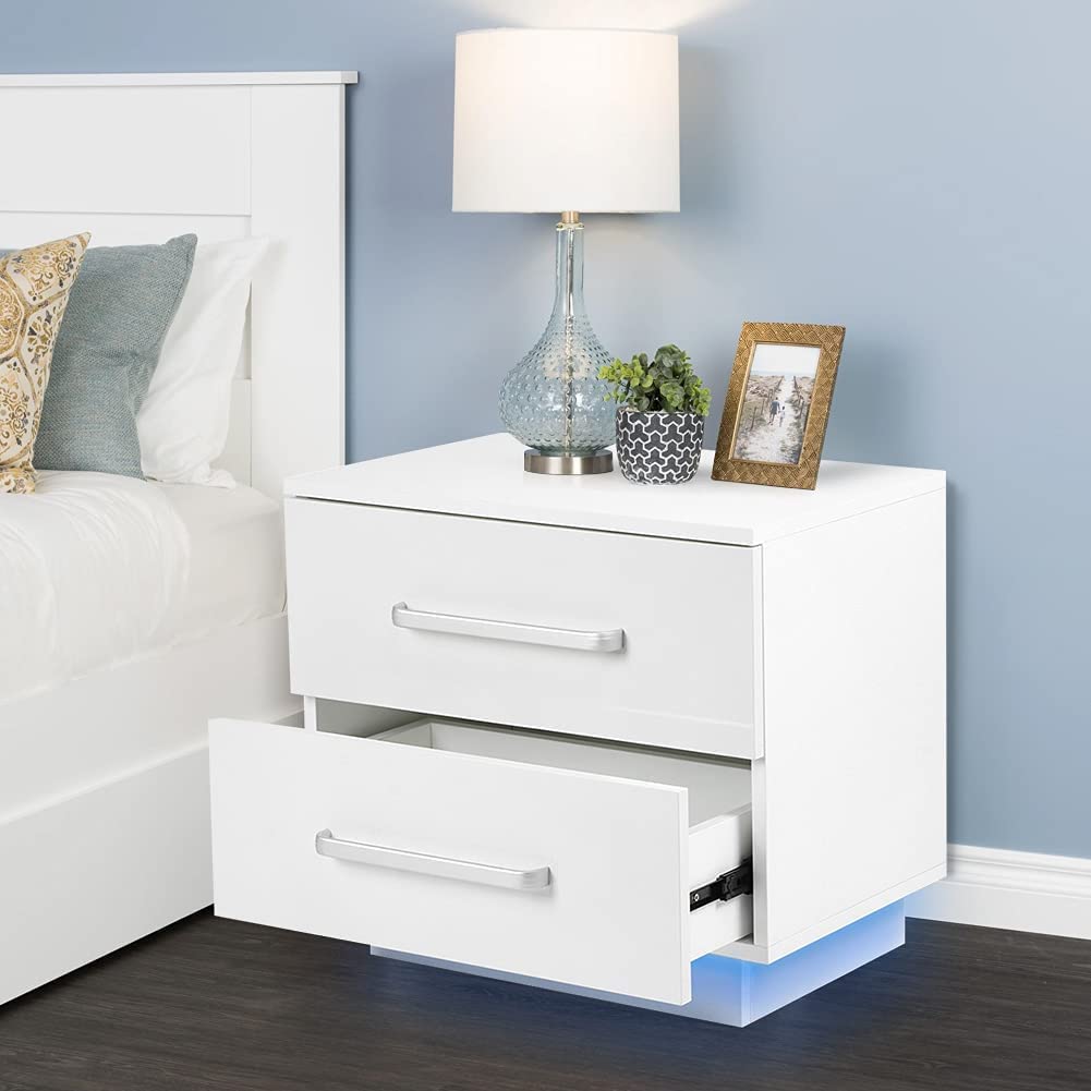 White LED Nightstand with 2 Drawers - High Gloss Bedside End Table for Bedroom, Living Room & Apartment - Modern Storage Cabinet with LED Lighting for Home, Hotel & Office Use