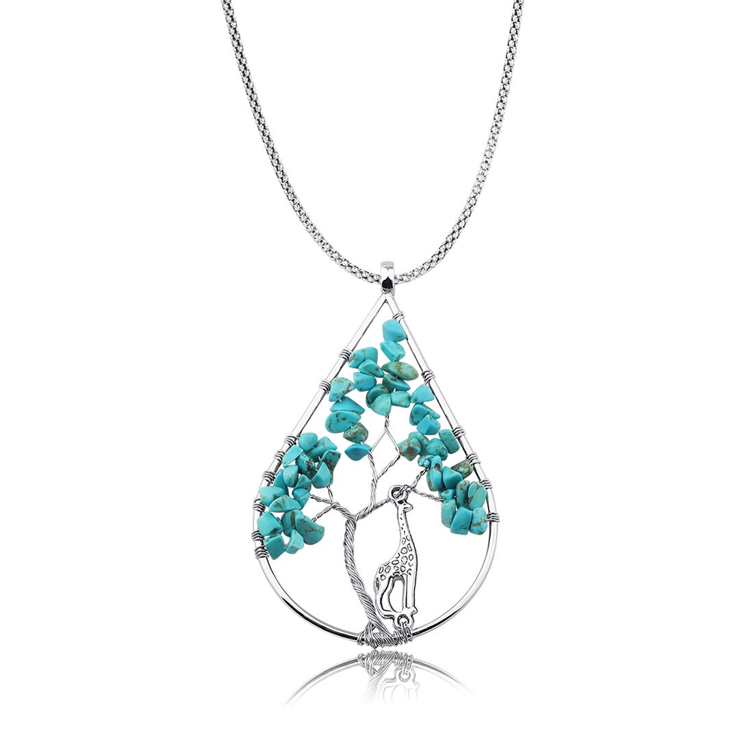 Handmade Wire Wrapped Quartz Chips Tree Teardrop Pendant Necklace with Giraffe - Healing Crystal Jewelry Gift for Women, Mother, Sister (Turquoise) | Spiritual Protection, Meditation & Everyday Wear