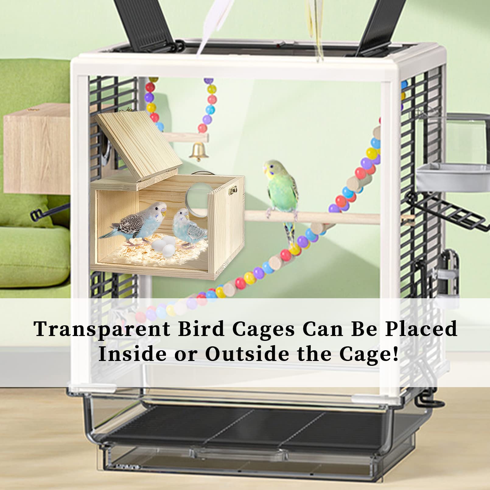 Transparent Wooden Parakeet Nesting Box - Natural Bird Breeding House with Perch for Lovebirds, Cockatiels & Canaries | Perfect for Cage Mounting & Safe Bird Nesting