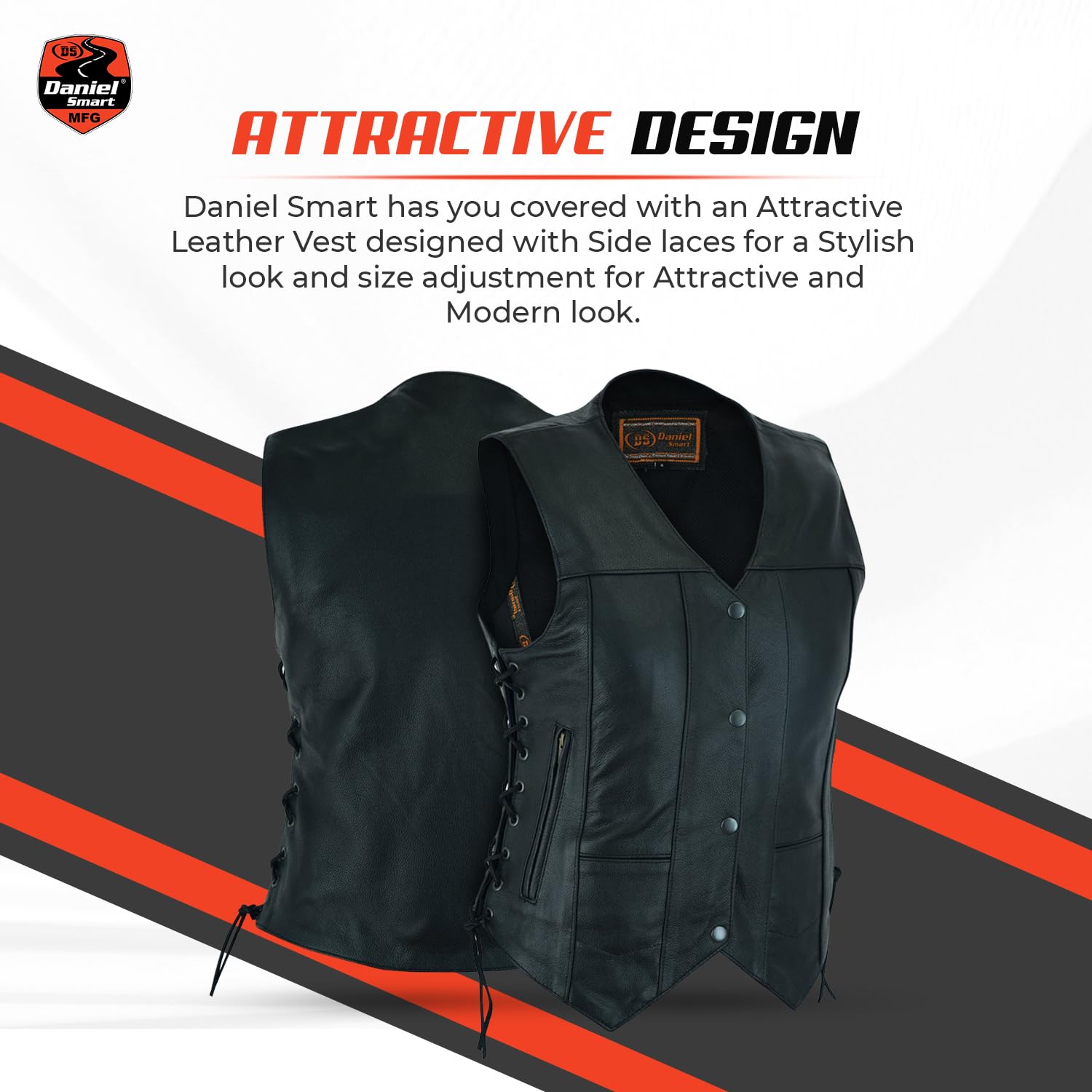 Premium Black Leather Vest for Women - Genuine Cowhide with Side Laces & Hidden Armory Pocket | Stylish Biker Jacket for Motorcycle Riding, Outdoor Adventures & Fashion Statement