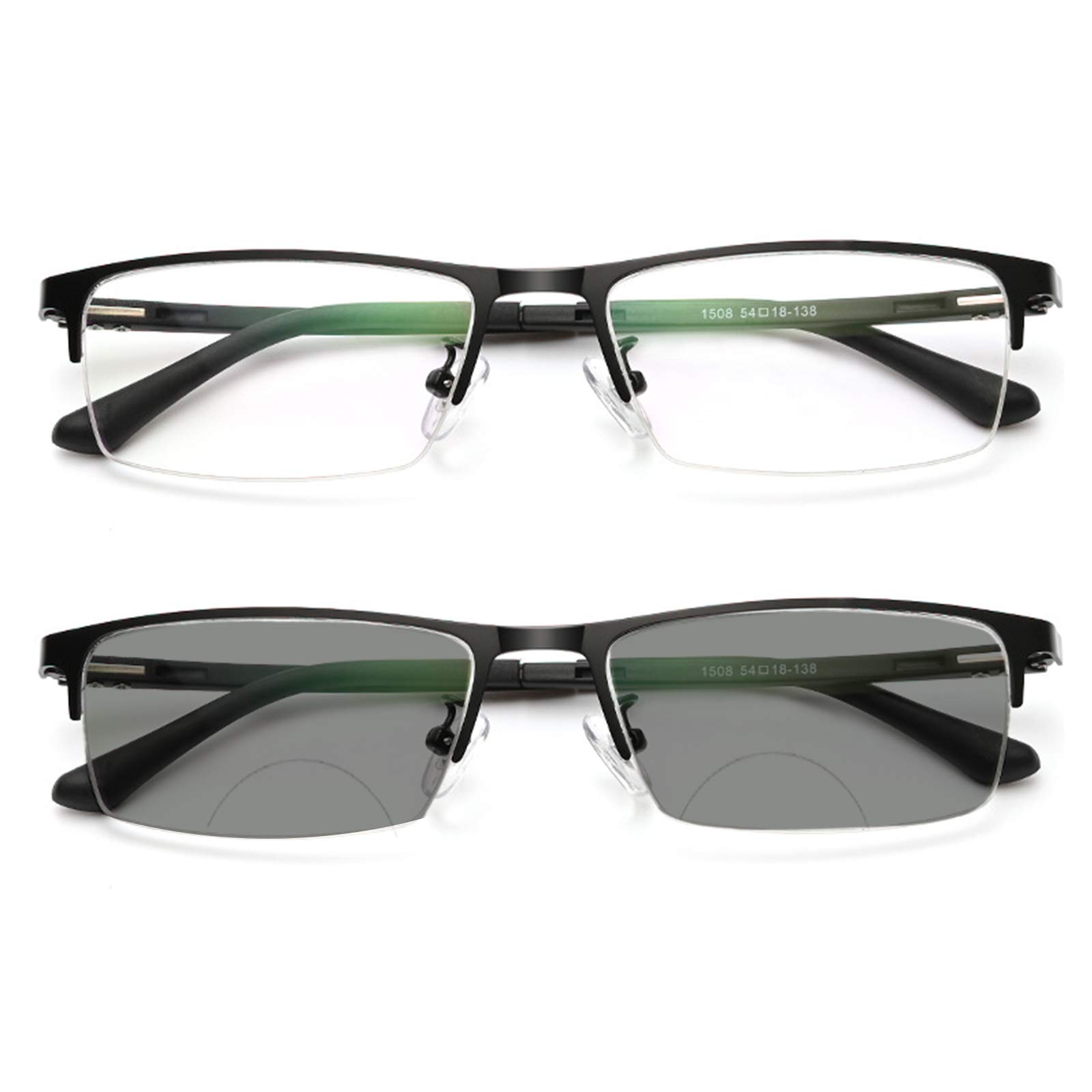 2021 Men's Metal Half Frame Bifocal Reading Glasses - Photochromic Transition Lenses for Near & Far Vision - Prescription Eyewear for Presbyopia - Perfect for Reading, Computer Work & Outdoor Activities