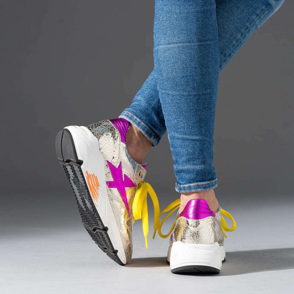 Cynthia Richard Women's Lightning Strikes Treasure Leather Sneakers - Gold Multi Color Fashion Athletic Shoes for Casual Wear & Street Style