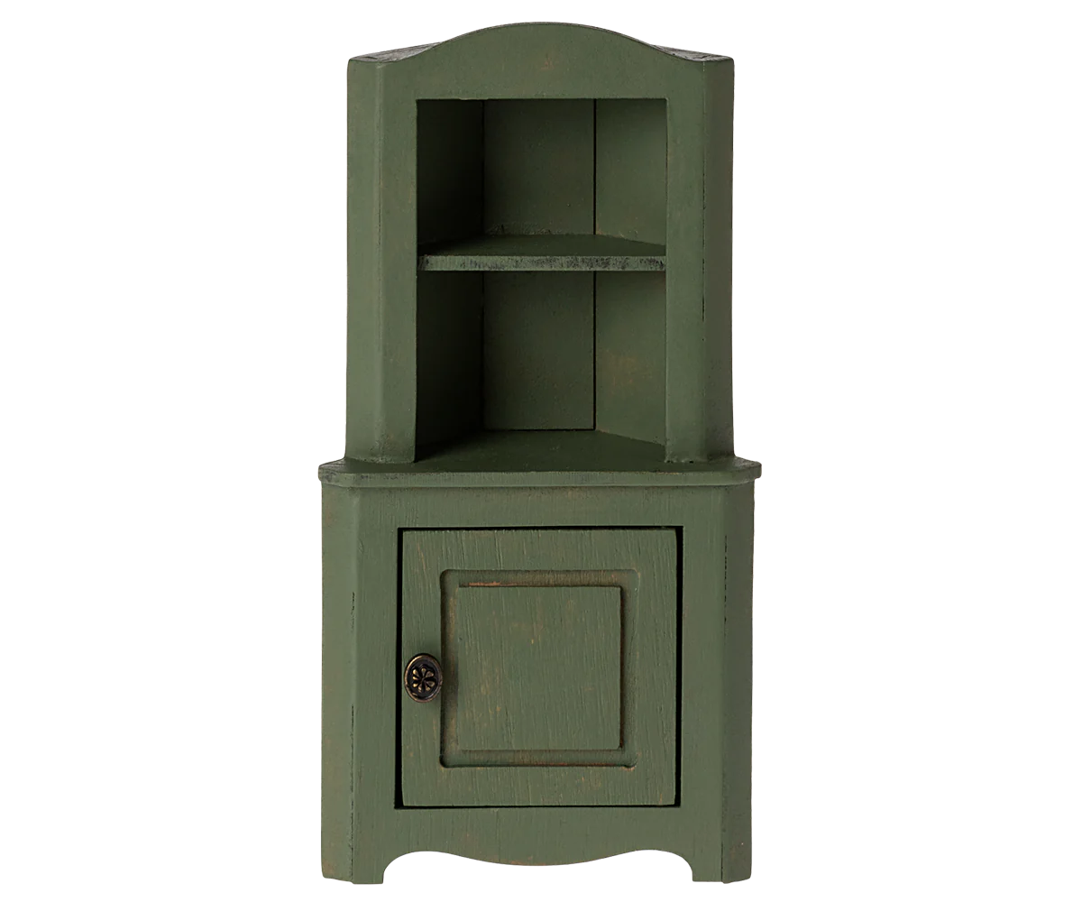 Stylish Dark Green Corner Cabinet with Maileg Mouse Design - Perfect for Small Space Storage & Kids' Room Decor