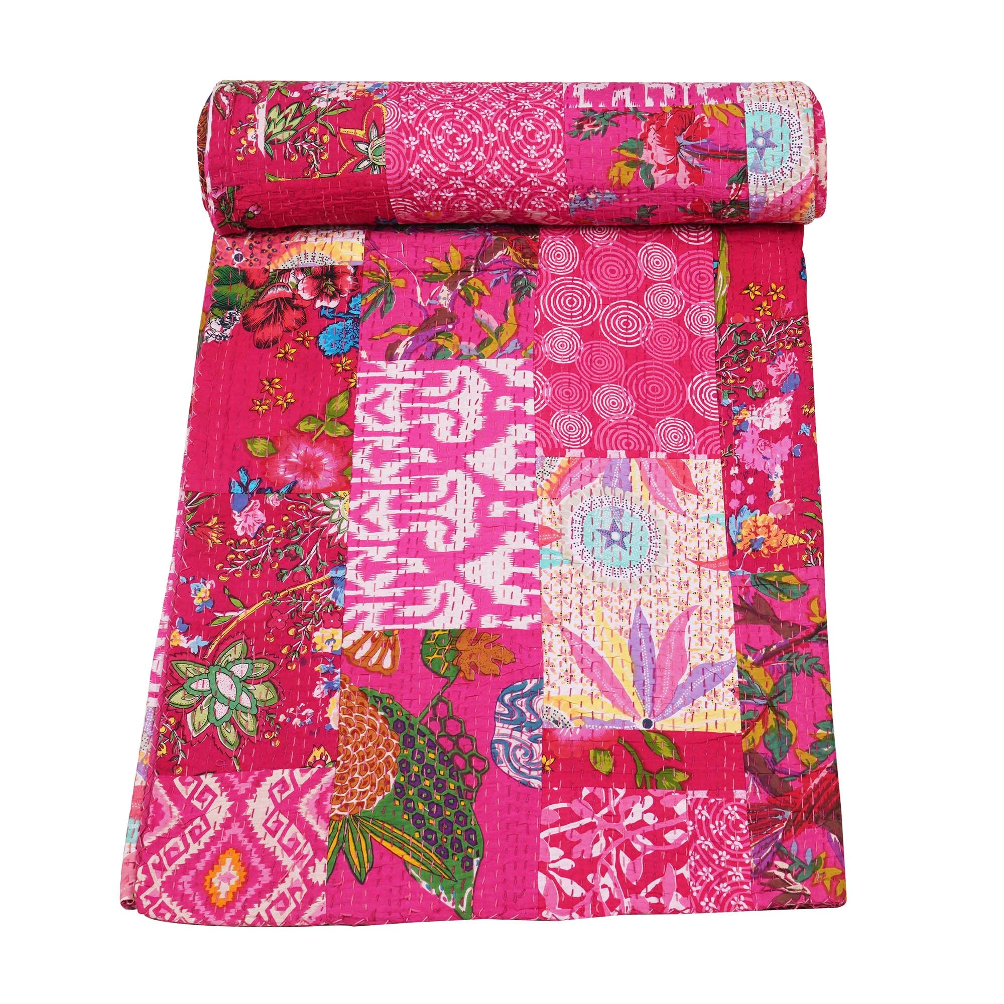 Marubhumi Indian Traditional Pure Cotton Patchwork Quilt - Paisley Print Kantha Quilt in Multi Colors (Multicolor-28, Queen Size 90