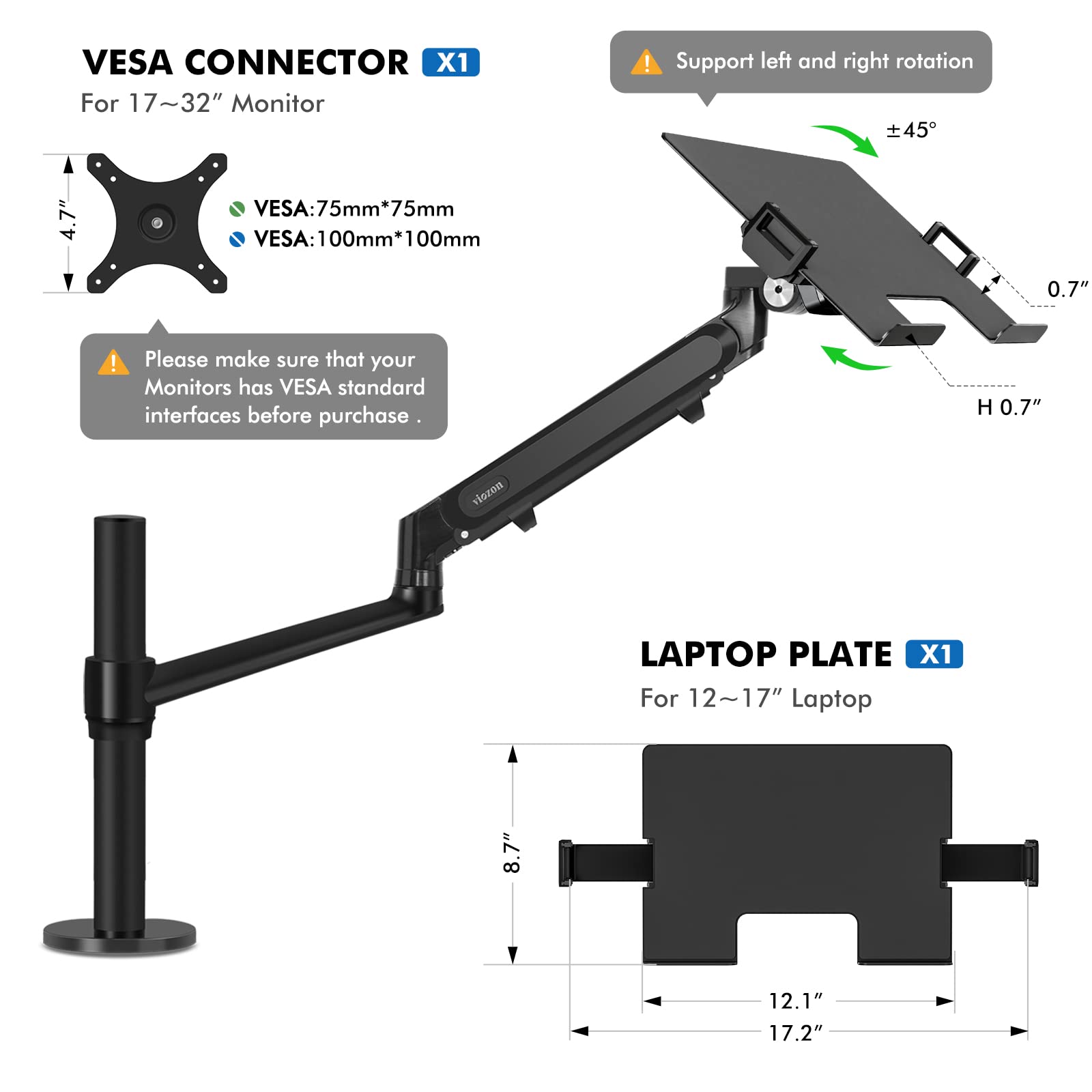 Viozon Adjustable Gas Spring Monitor Arm Stand with Laptop Tray - Heavy Duty Desk Mount for 17-32 Inch Computer Screens & 12-17 Inch Laptops - Perfect for Home Office, Gaming Setup and Workspace Ergonomics