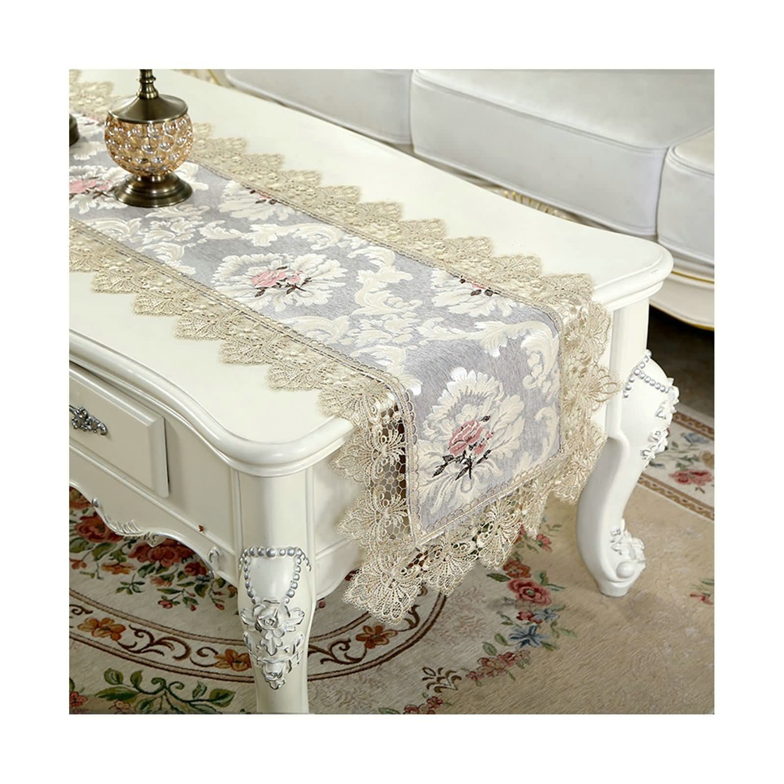 Farmhouse Style 86 Inch Gray Jacquard Table Runner with Floral Leaves and Lace Tassels - Elegant Dining Table Decor for Weddings, Holidays & Home Decoration