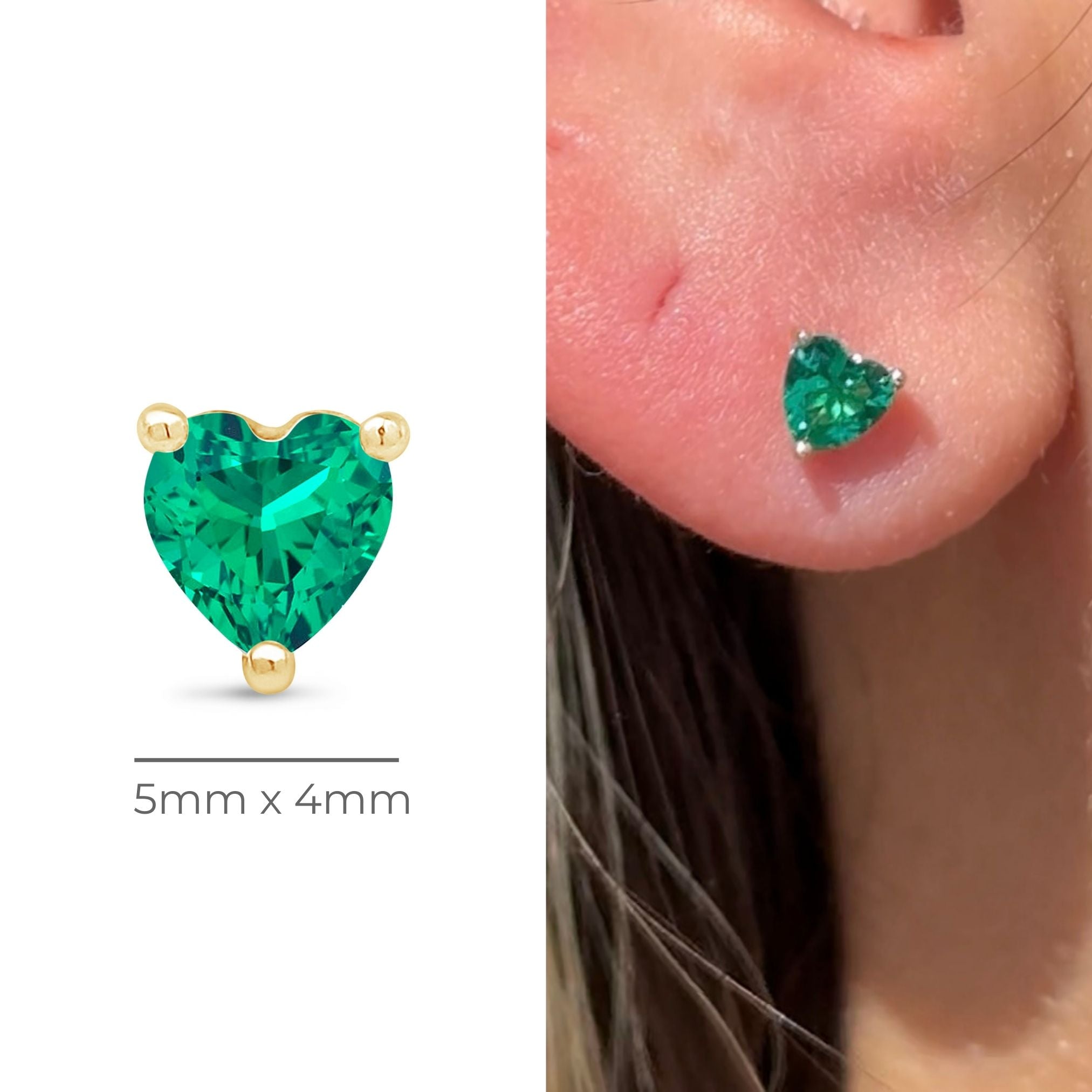 14K Solid Yellow Gold Emerald Heart Stud Earrings for Women - Perfect for Valentine's Day Gifts, Anniversary Presents & Everyday Elegance