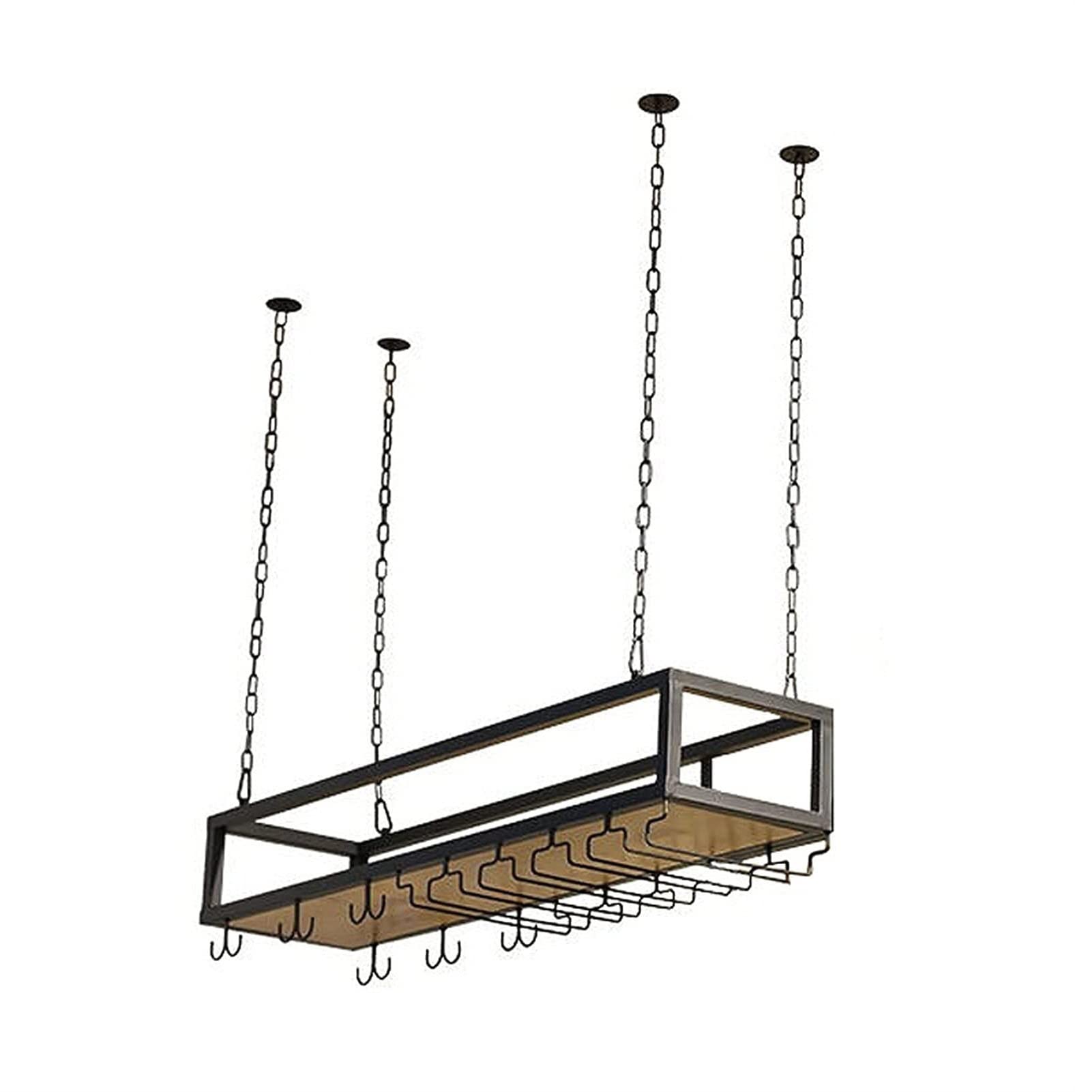 Wrought Iron Ceiling Wine Glass Rack - Hanging Plant Stand & Kitchen Wall Mounted Storage, Upside-Down Wine Glass Holder with Guardrail & Chain (60x25x100cm) - Perfect for Bars, Restaurants & Home Kitchens