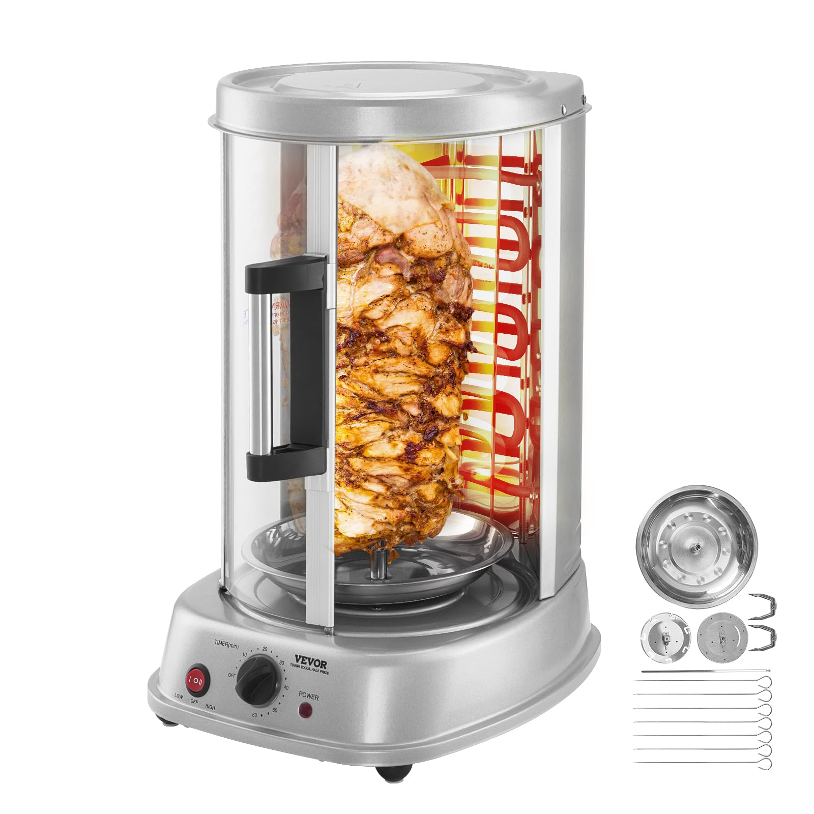 VEVOR Electric Shawarma Grill Machine - Stainless Steel Vertical Chicken Rotisserie Oven for Gyro, Doner Kebab & Shawarma | Commercial & Home Use for Restaurants, Kitchens & Parties | Perfect for Mediterranean Cuisine, Food Trucks & Catering Events