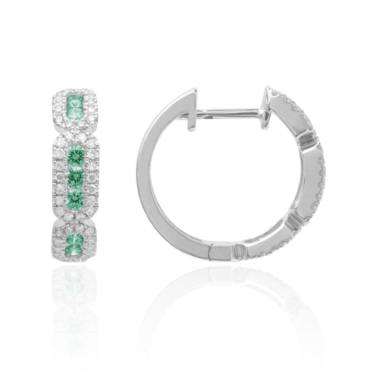 14K White Gold Emerald & Diamond Huggie Earrings for Women - Elegant Everyday Jewelry for Work, Parties & Special Occasions