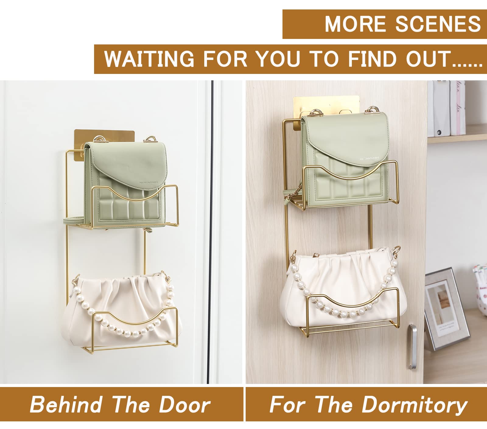 Hanging Handbag Organizer for Closet - Wall Mount Purse Storage Holder with 2 Shelves | Space Saving Metal Handbag Display Shelf | Gold Finish | Perfect for Bedroom, Walk-in Closet, and Dorm Organization
