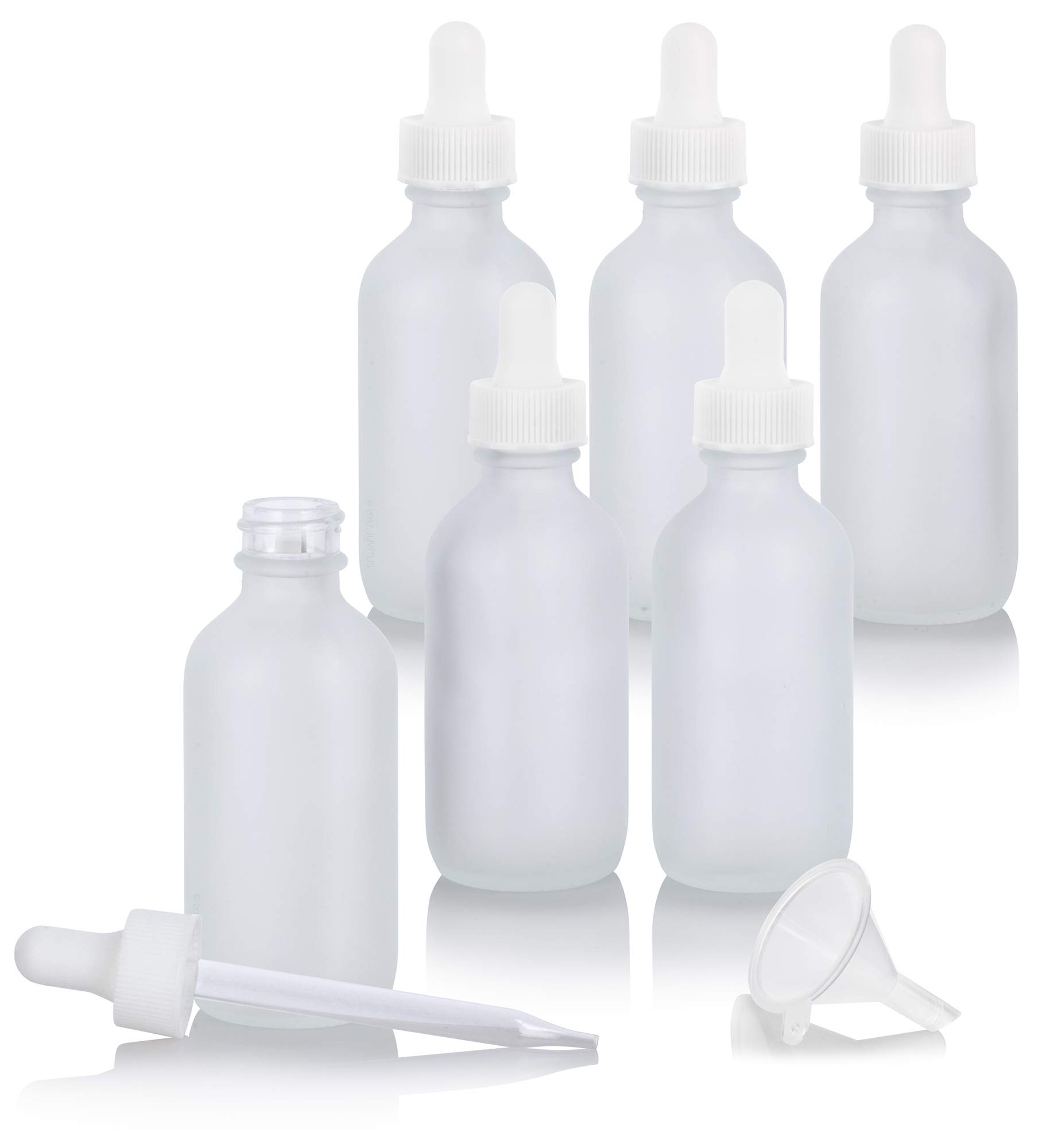 JUVITUS 2 oz Frosted Clear Glass Boston Round White Dropper Bottles (6 Pack) with Funnel - Essential Oil, DIY Skincare & Travel-Sized Liquid Storage Solution