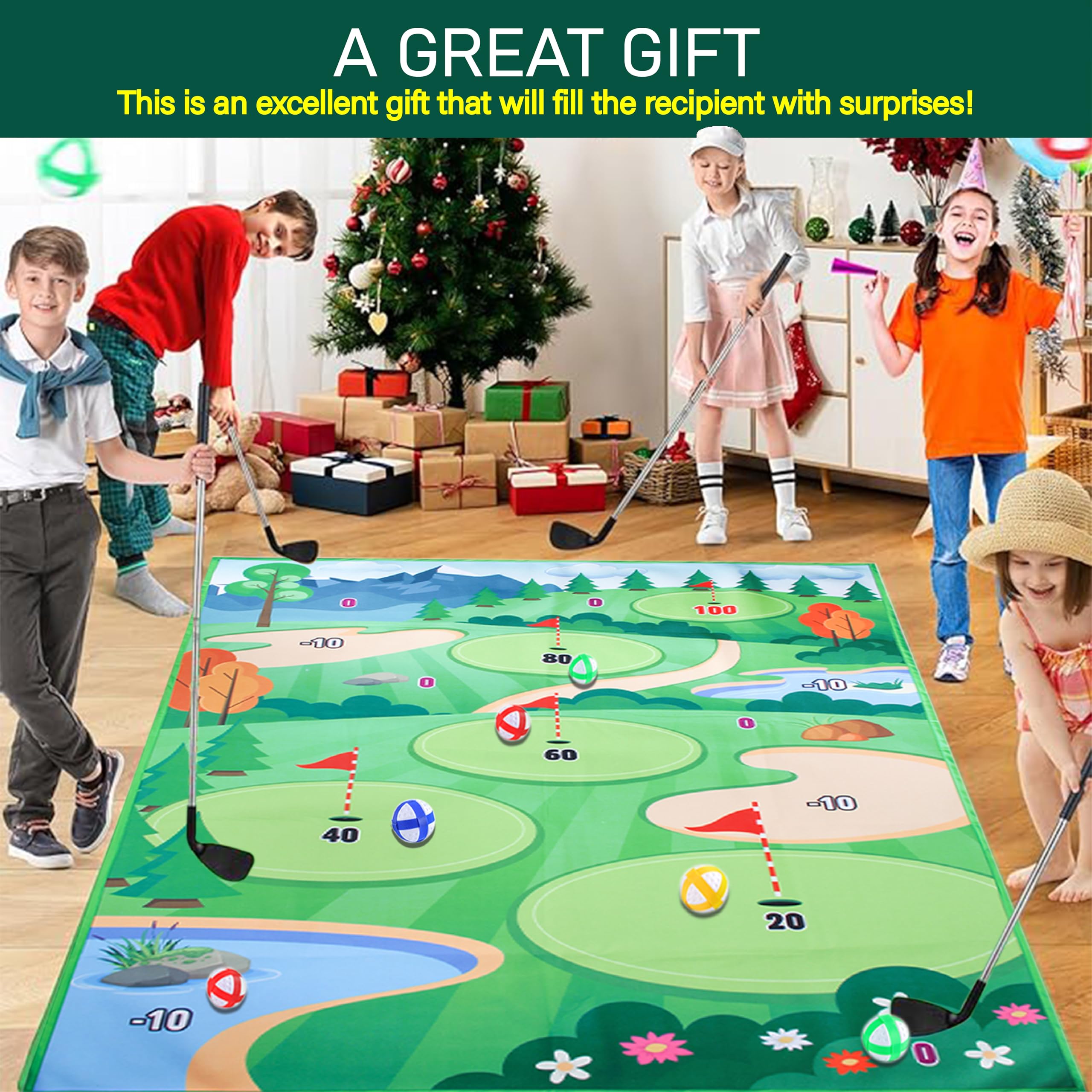 Premium Golf Chipping Game Set with Driver - 47x70 Inch Practice Mat for Adults | Indoor & Outdoor Golf Training | Portable, Durable & Hangable Design with 20 Balls | Perfect for Backyard, Garage & Office Practice