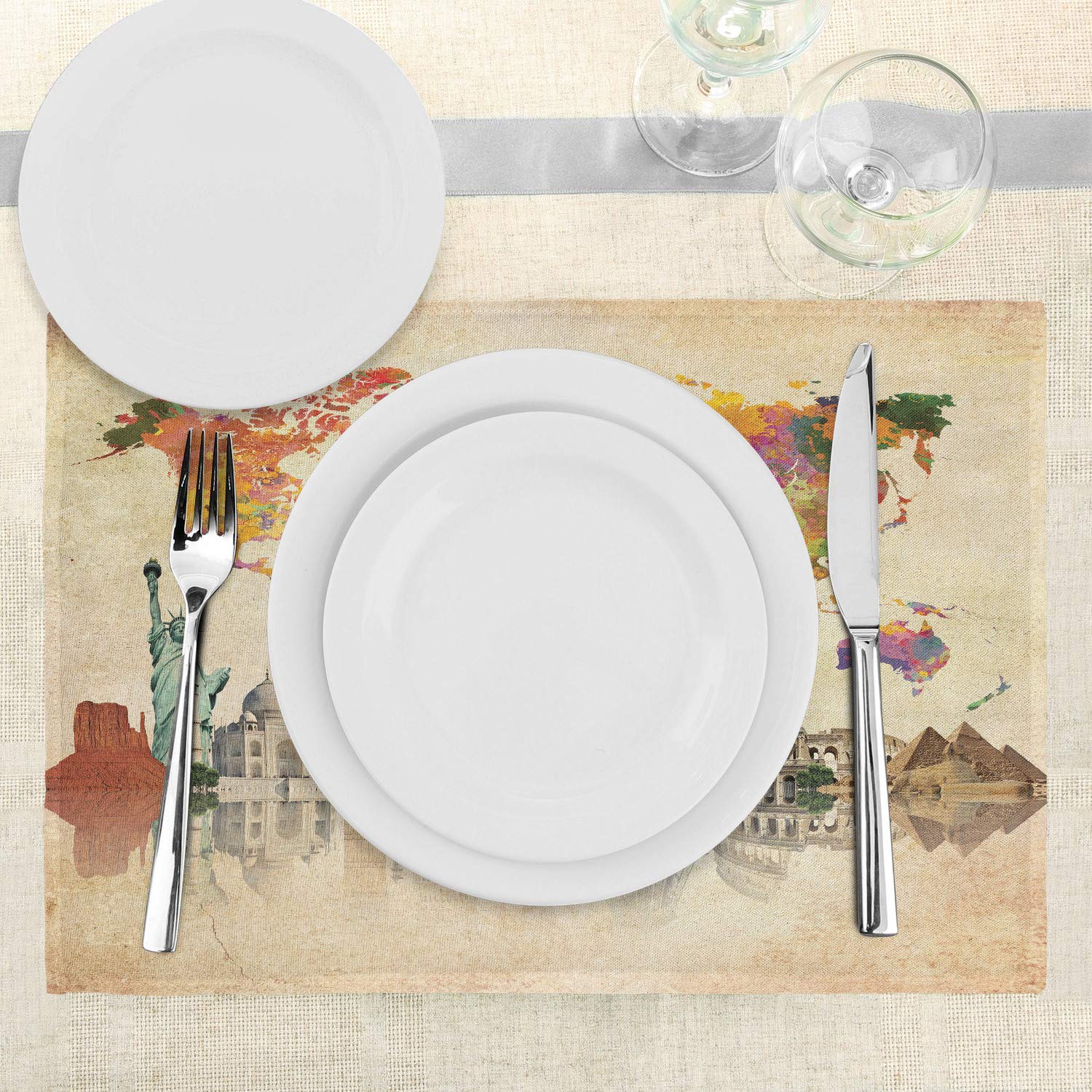 Lunarable Washable Fabric Placemats Set of 4 - World Landmarks & 7 Wonders Abstract Map Design for Dining Table | Standard Size Sepia Cream | Perfect for Home Decor, Kitchen, Restaurant & Dinner Parties