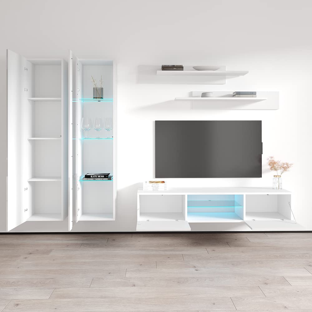 Modern White Wall-Mounted TV Stand with Storage Shelves & LED Lights - Floating Entertainment Center Console for Bedroom & Living Room - Perfect for Small Spaces & Home Theater Setups - Meble Furniture Fly A4 33TV Stand